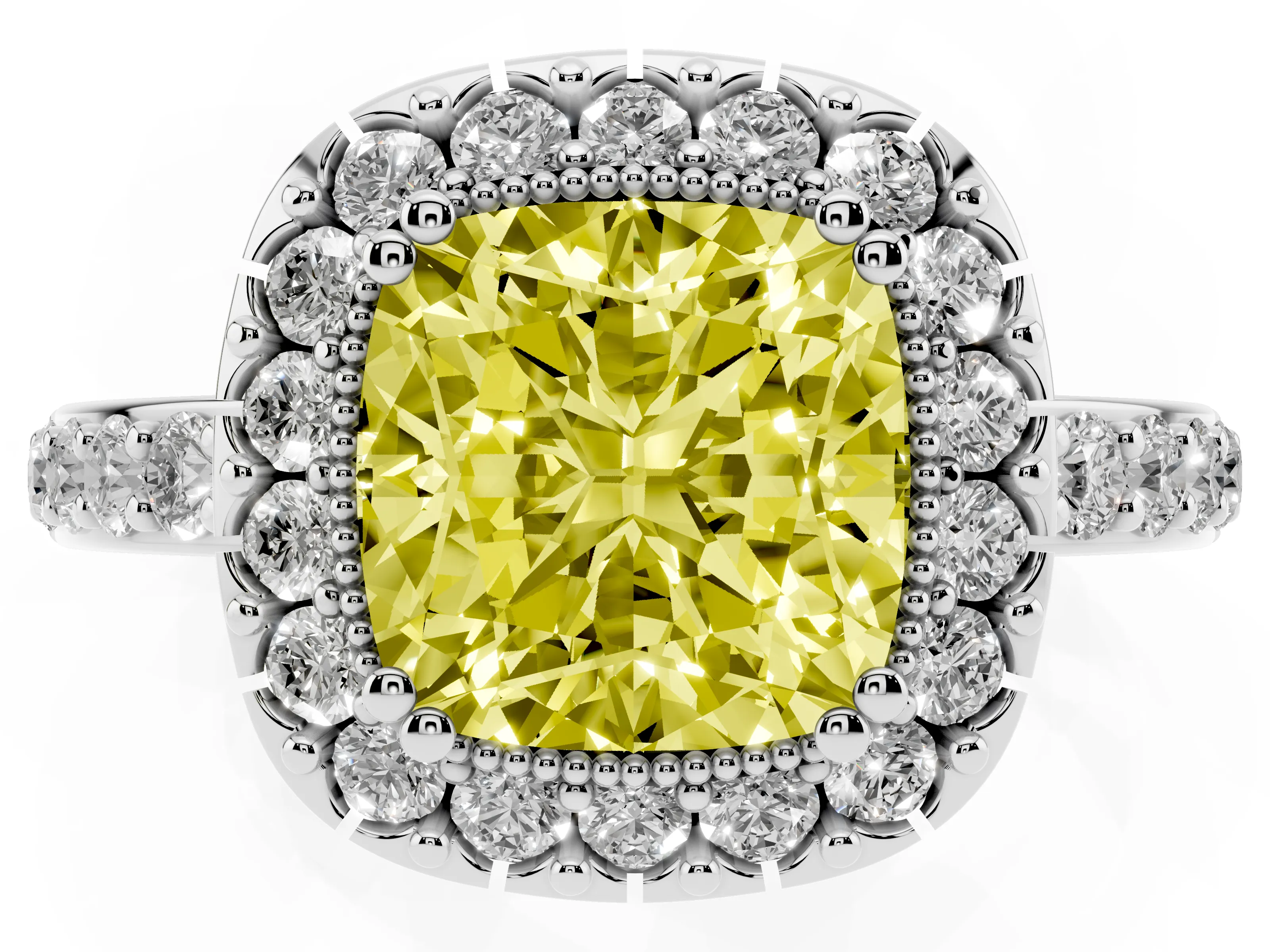 Fancy Yellow Cushion Cut Diamond Halo Ring Set in White gold with Pavé Shank and Prong Setting