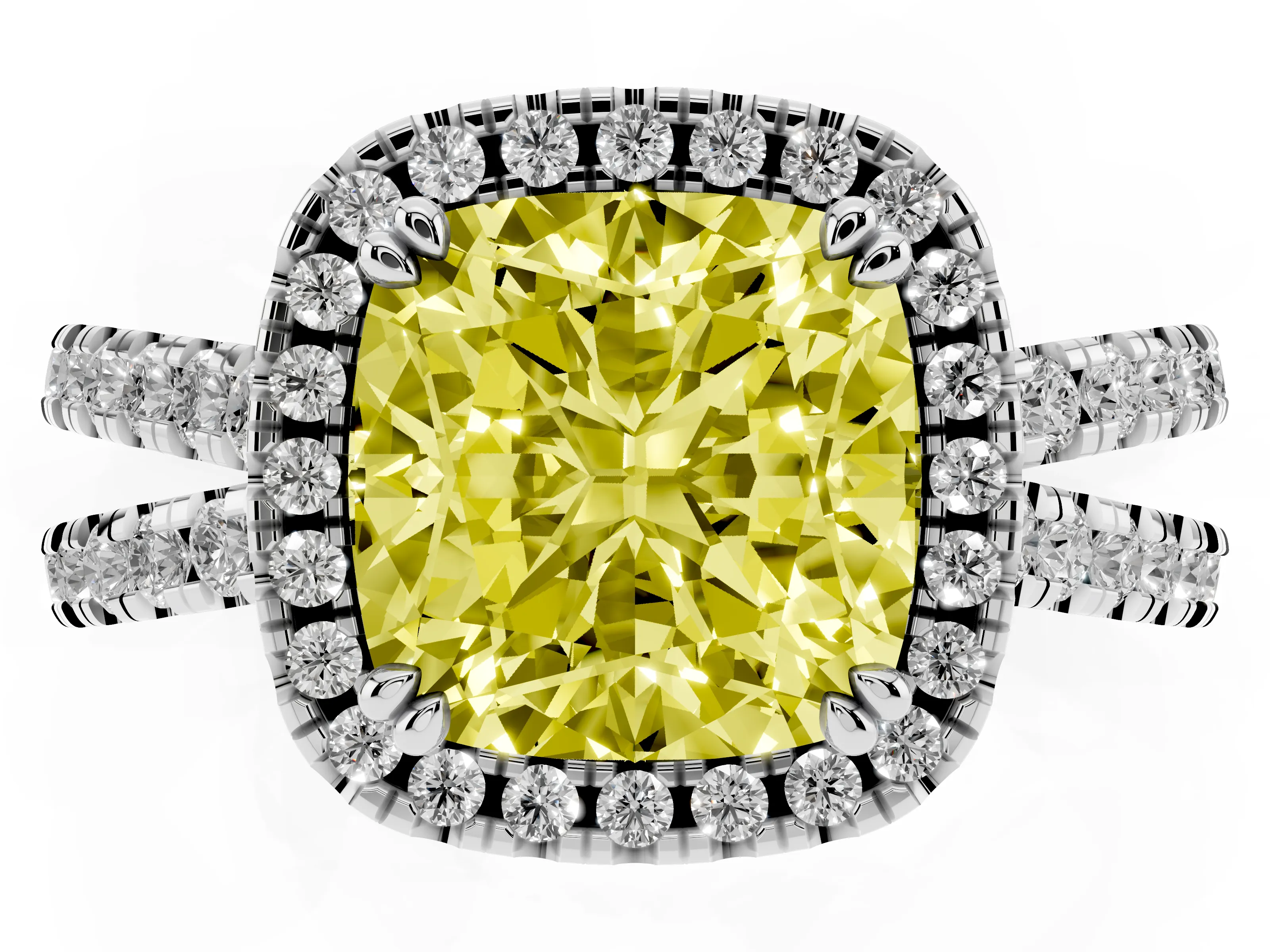 Fancy Yellow Cushion Cut Diamond Halo Split Shank Ring Set in Silver with Pavé Setting