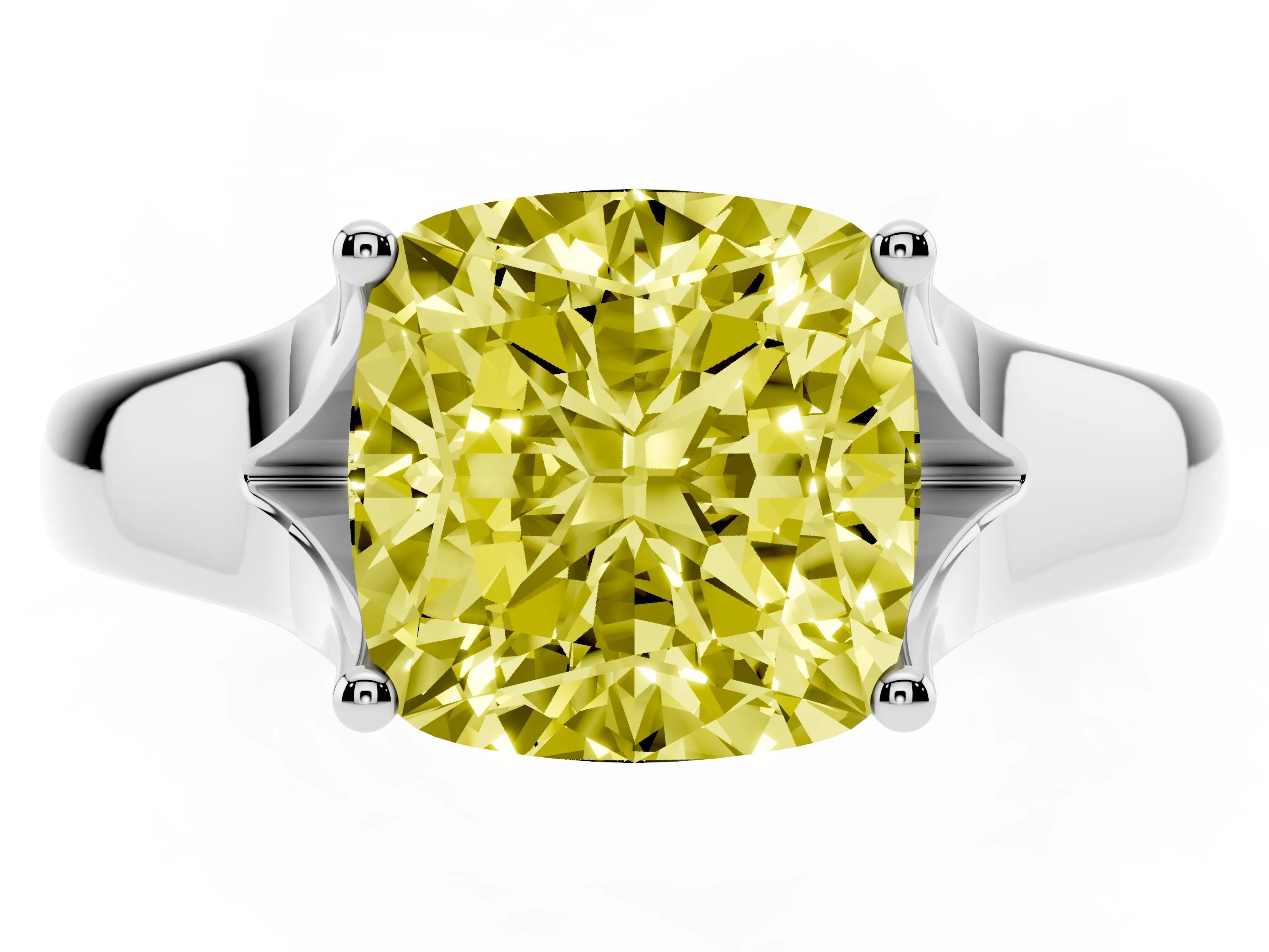 Fancy Yellow Cushion Cut Diamond Solitaire Ring Set in White gold with Arched Cathedral Band and Prong Setting