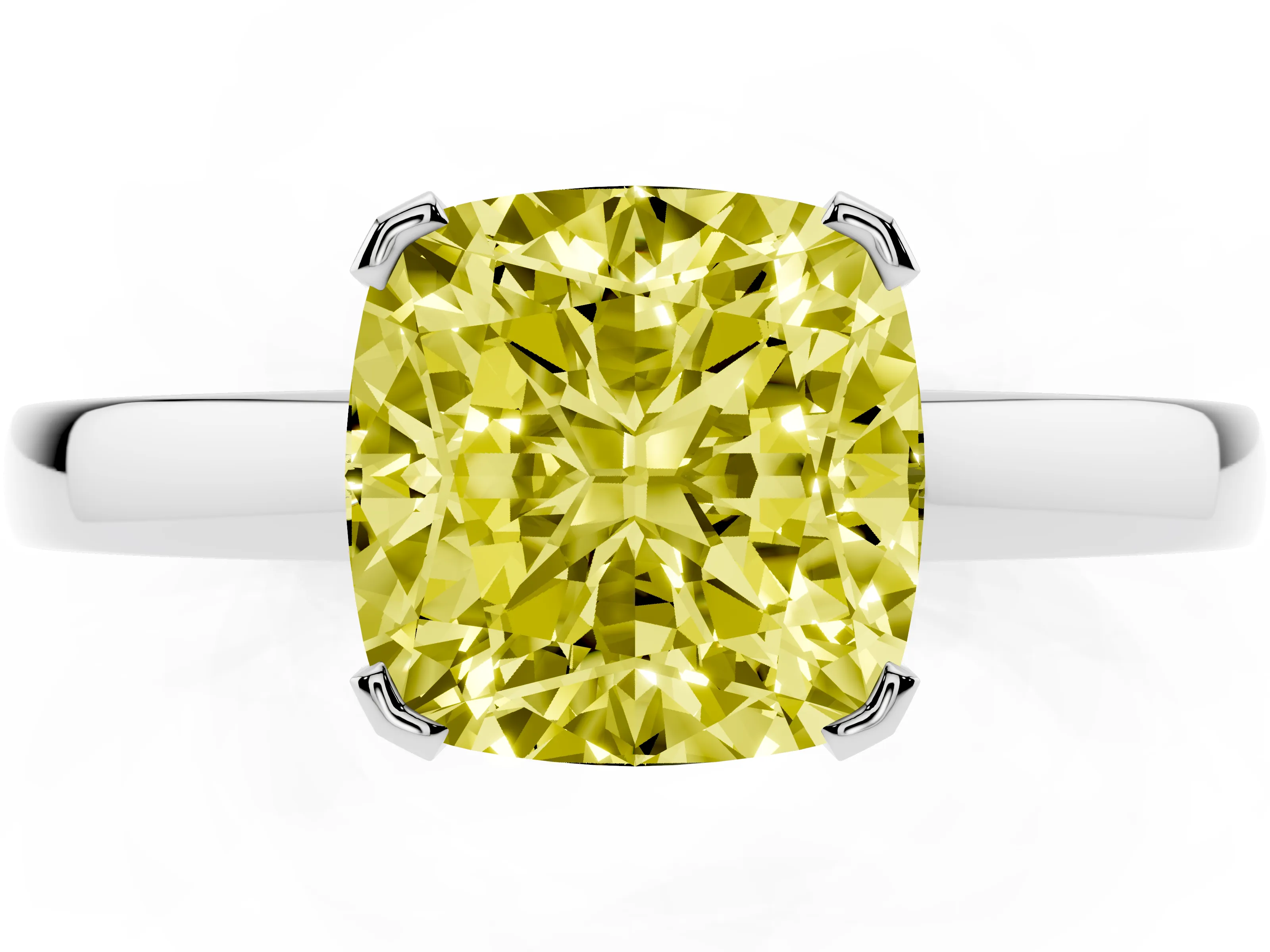 Fancy Yellow Cushion Cut Diamond Solitaire Ring Set in Silver with Prong Head and Smooth Polished Band