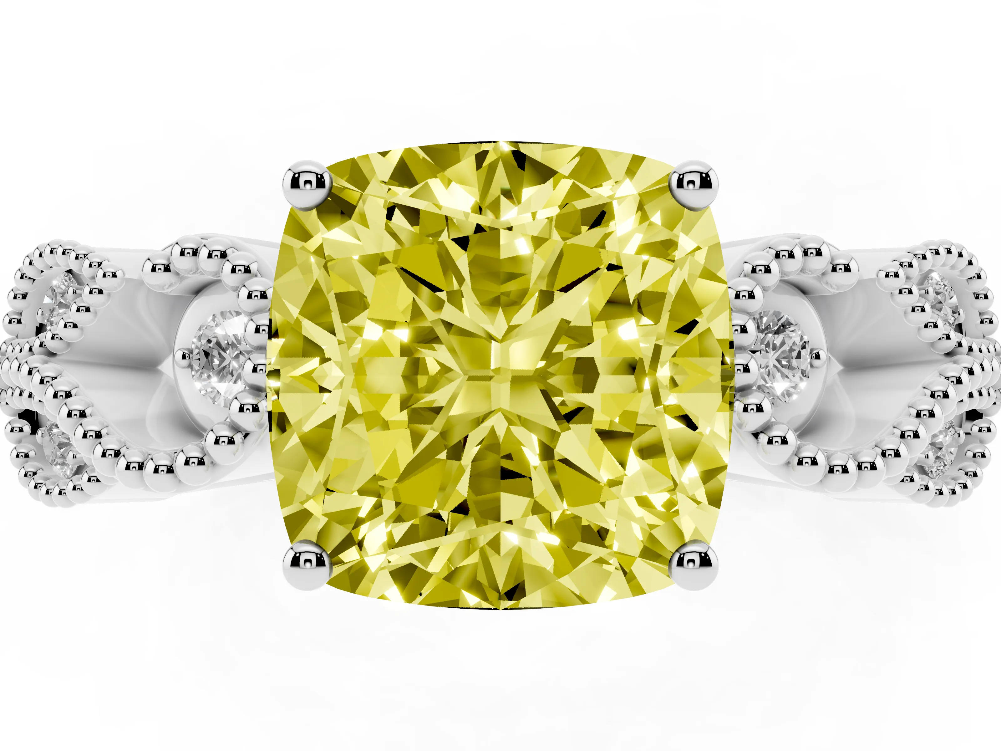 Fancy Yellow Cushion Cut Diamond Milgrain Leaf Band Solitaire Ring Set in Platinum with Accent Stones and Prong Setting