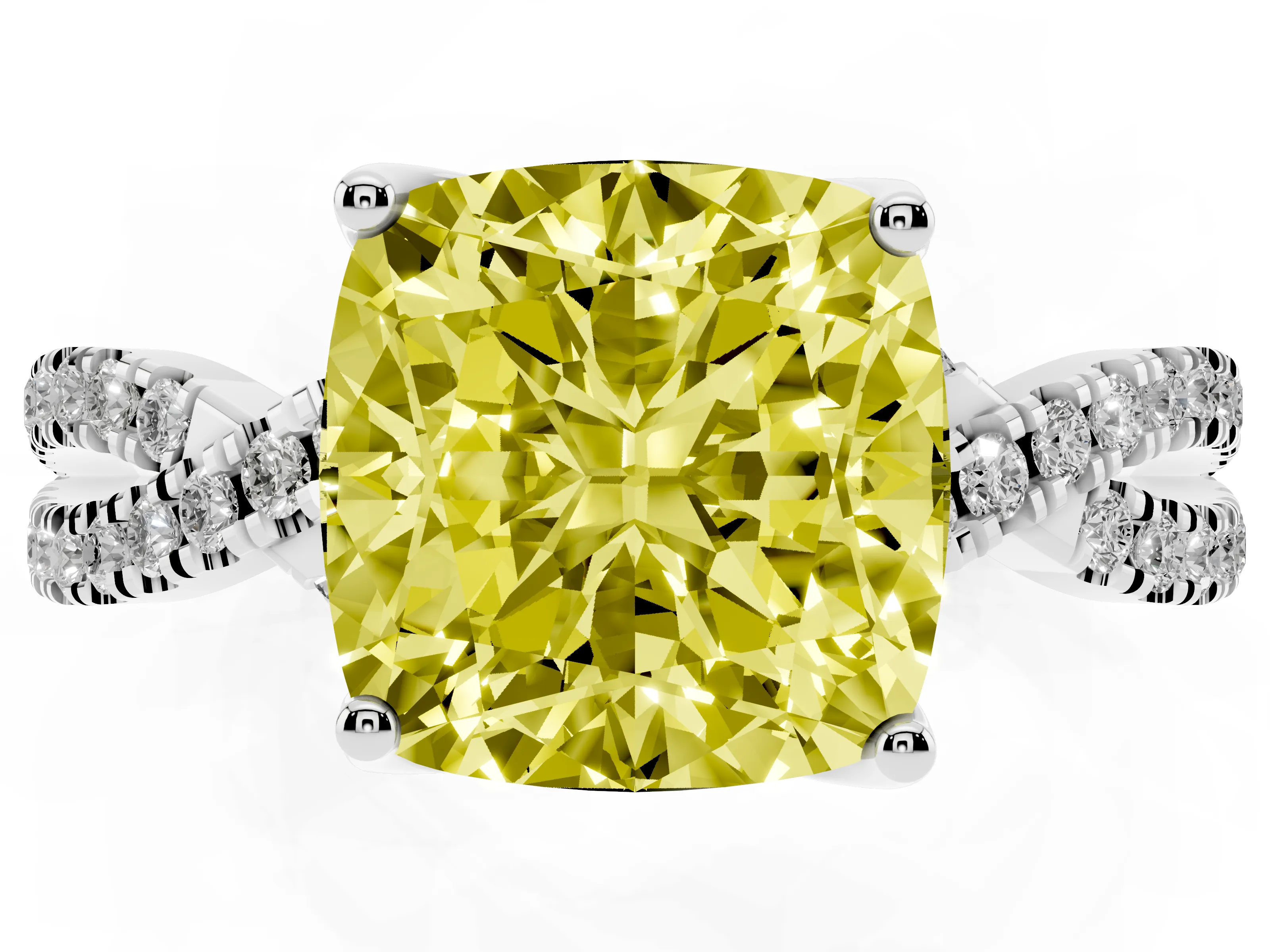 Fancy Yellow Cushion Cut Diamond Twist Pavé Solitaire Engagement Ring Set in White gold with Prong Setting