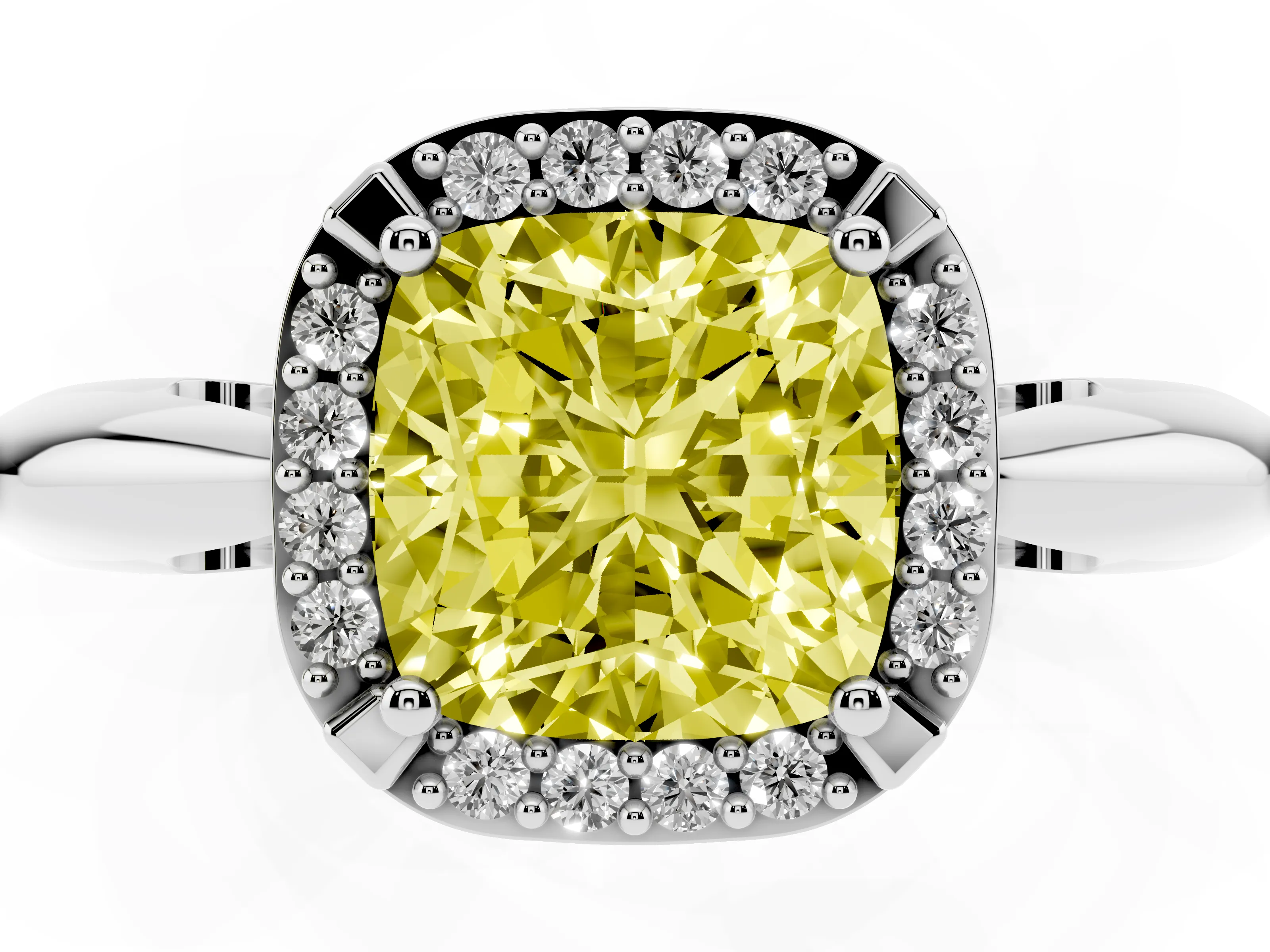 Fancy Yellow Cushion Cut Diamond Halo Engagement Ring Set in Silver with Plain Split Shank and Prong Setting