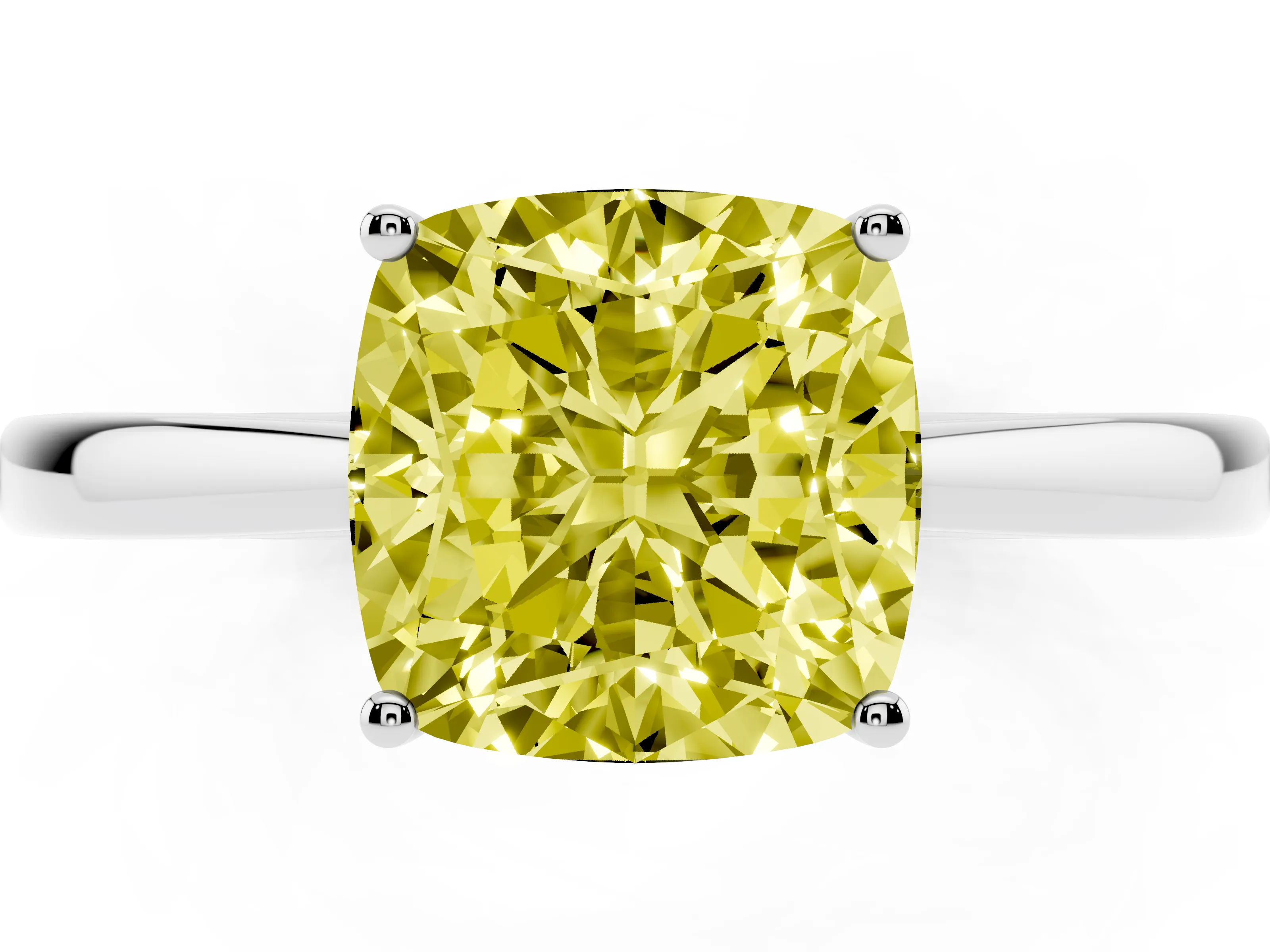 Fancy Yellow Cushion Cut Diamond Solitaire Ring Set in Silver with Split Shank and Prong Setting