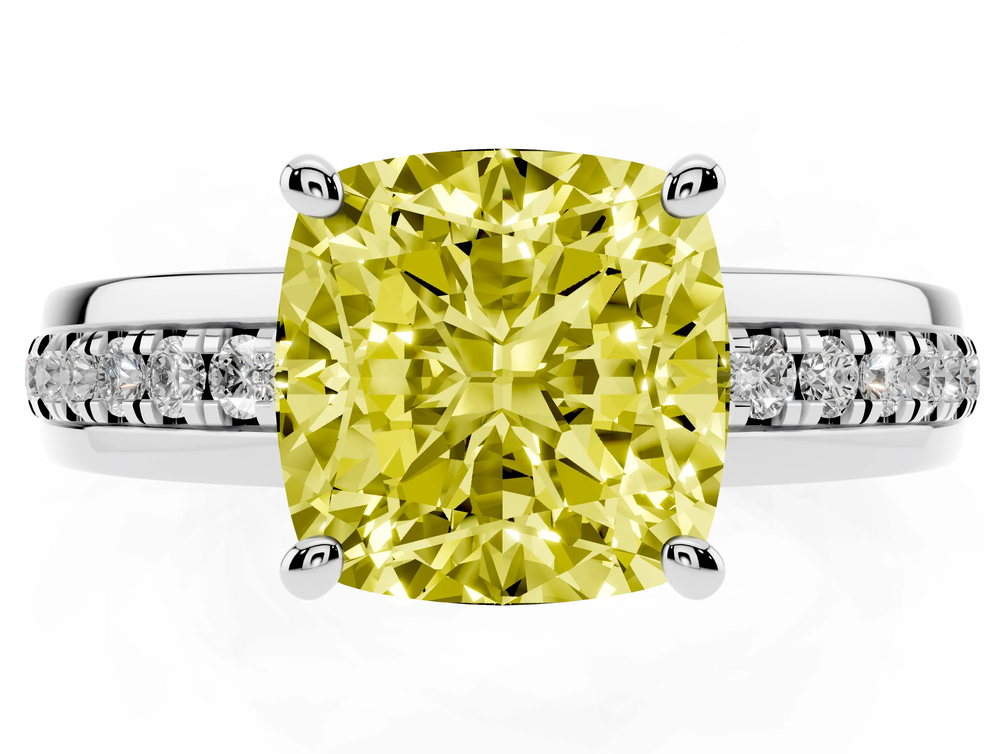 Fancy Yellow Cushion Cut Diamond Solitaire Ring Set in Silver with Channel Set Band and Prong Setting