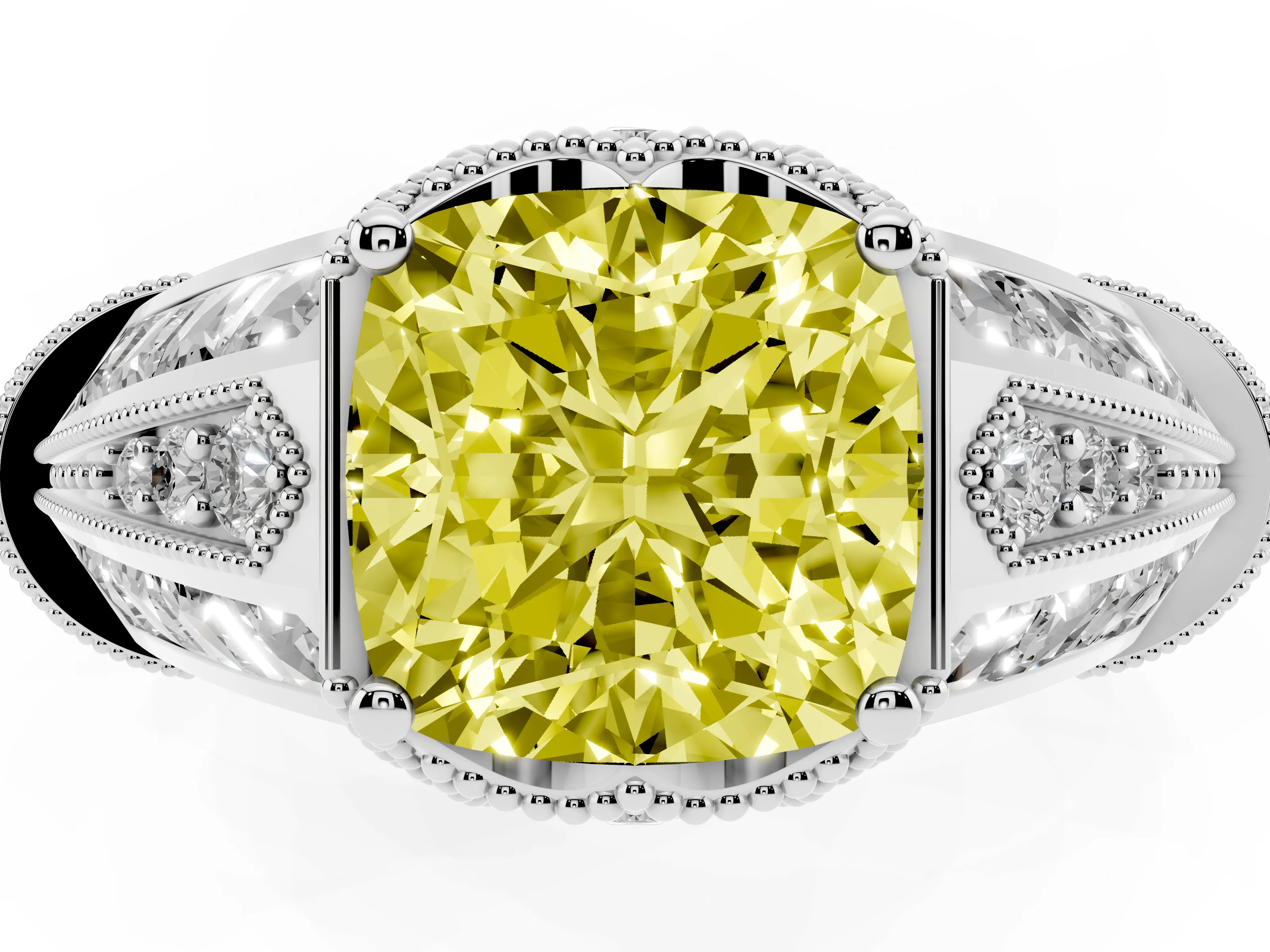 Fancy Yellow Cushion Cut Diamond Vintage-Inspired Milgrain Ring Set in Silver with Accent Split Shank