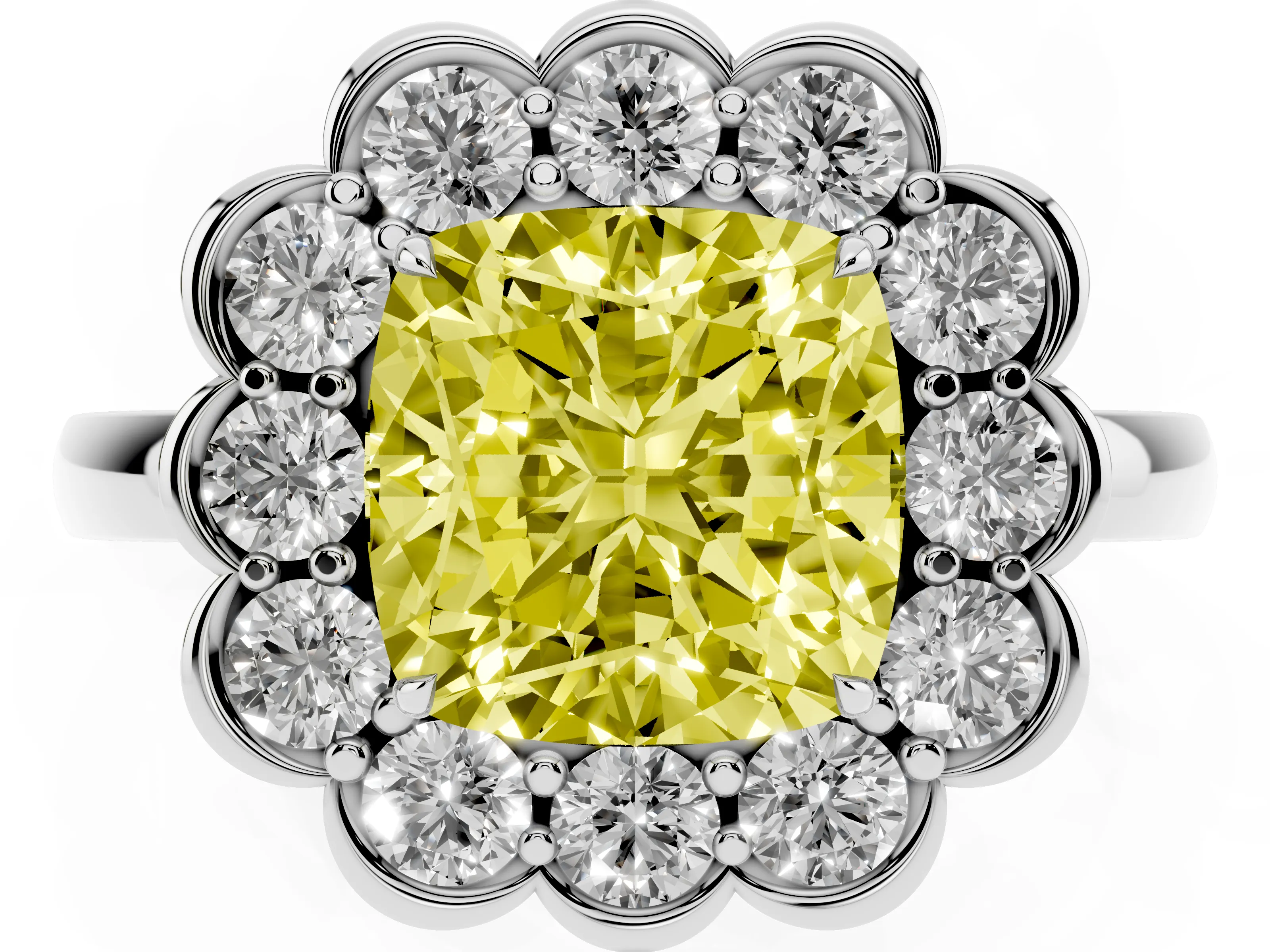 Fancy Yellow Cushion Cut Diamond Halo Cluster Engagement Ring Set in Platinum with Solitaire Band and Prong Setting