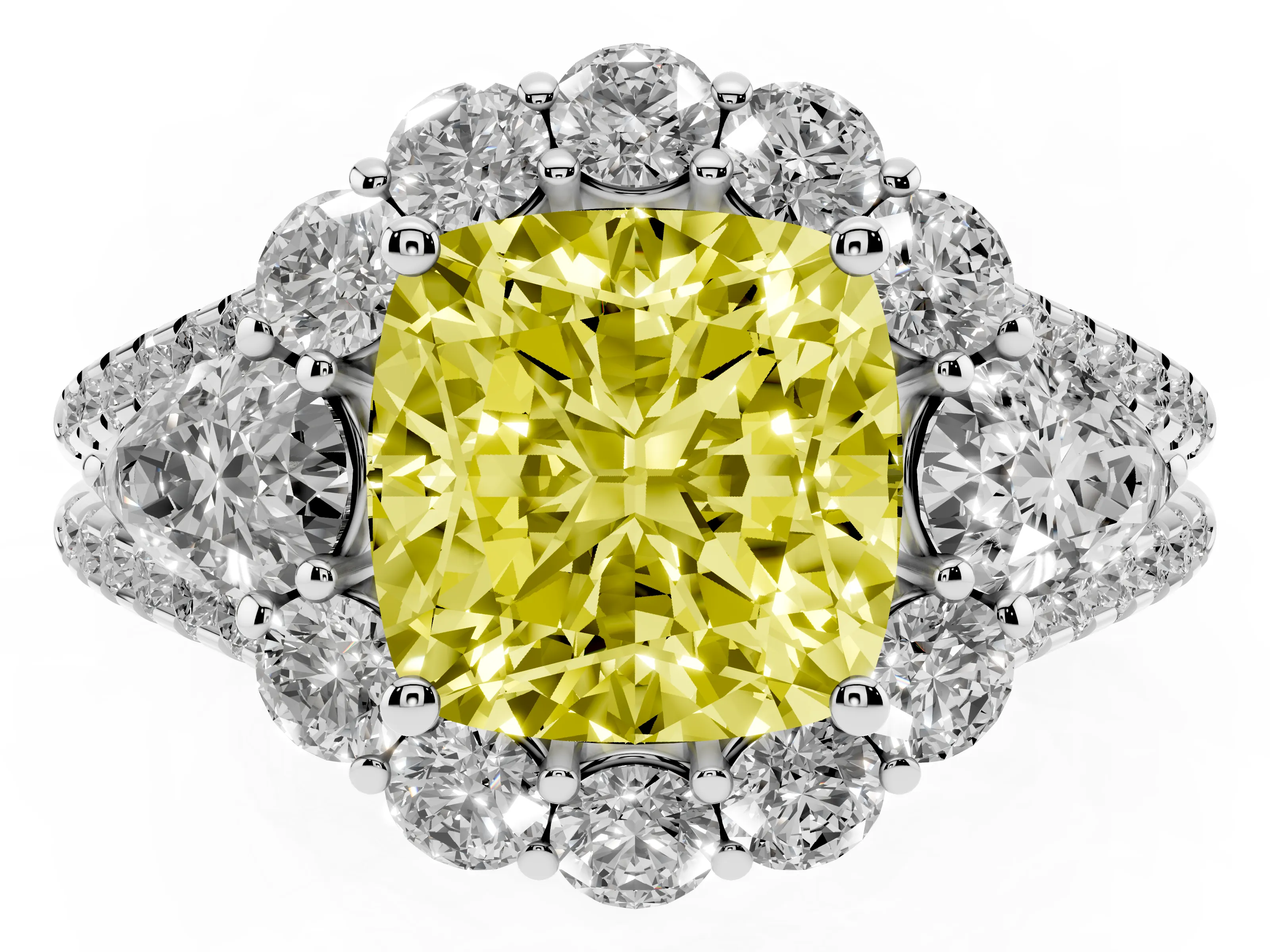 Fancy Yellow Cushion Cut Diamond Halo Split Shank Engagement Ring Set in White gold with Prong-Held Center Stone