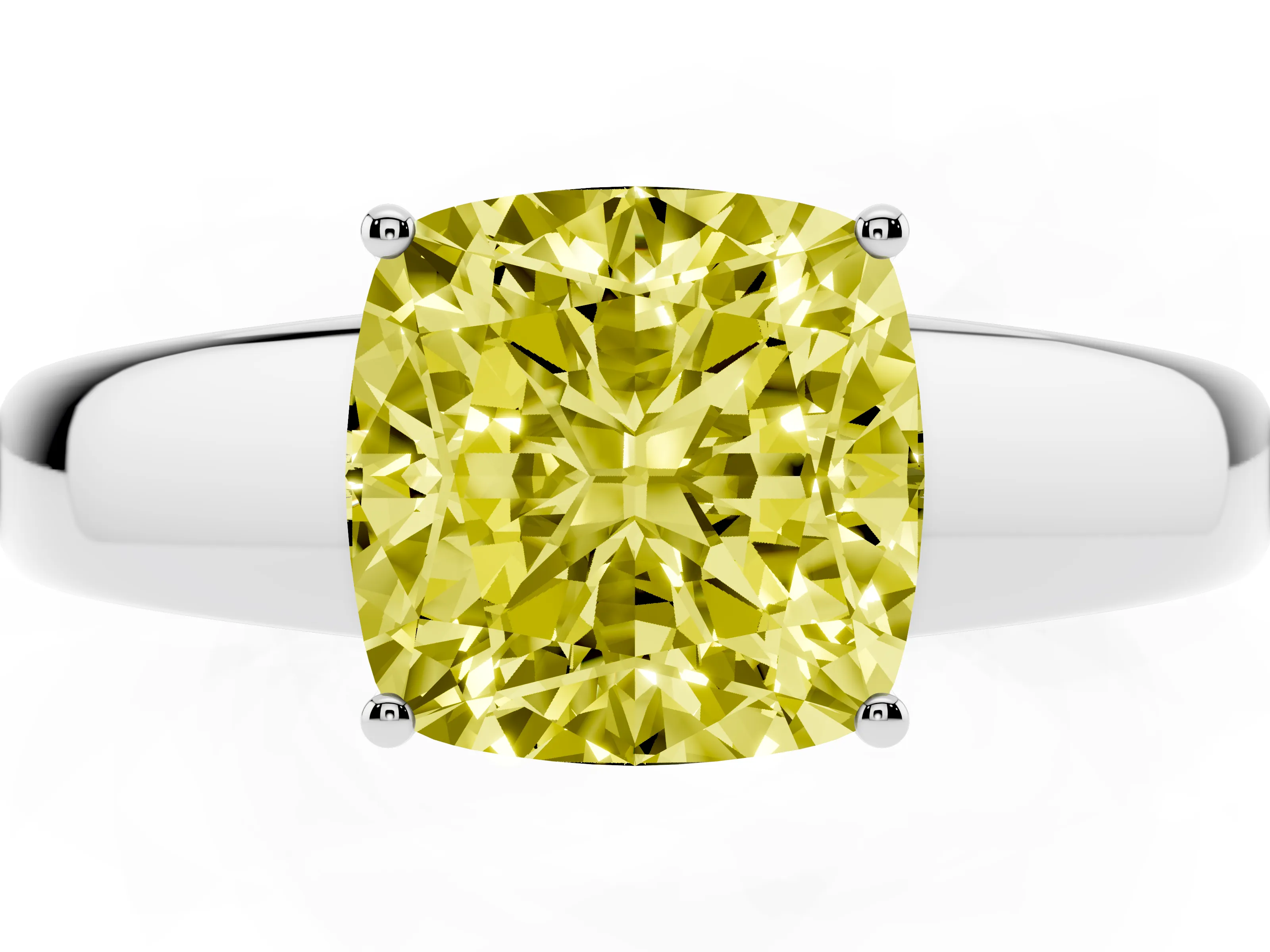 Fancy Yellow Cushion Cut Diamond Solitaire Ring Set in White gold with Tapered Band and Prong Setting