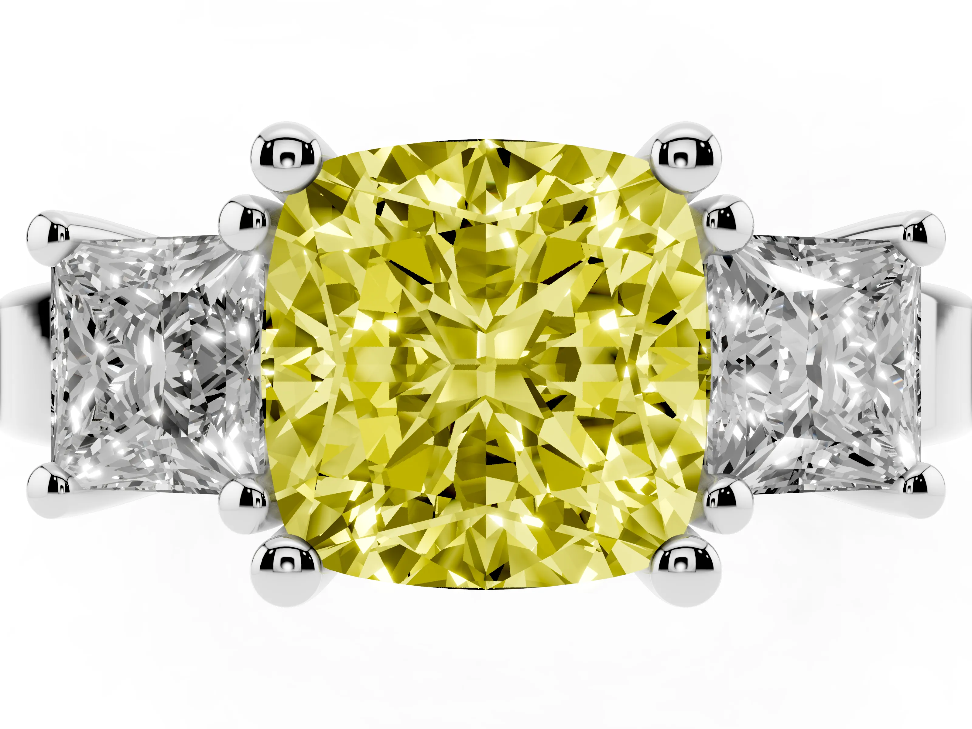 Fancy Yellow Three-Stone Cushion Cut Diamond Solitaire Ring Set in Silver with Prong Setting