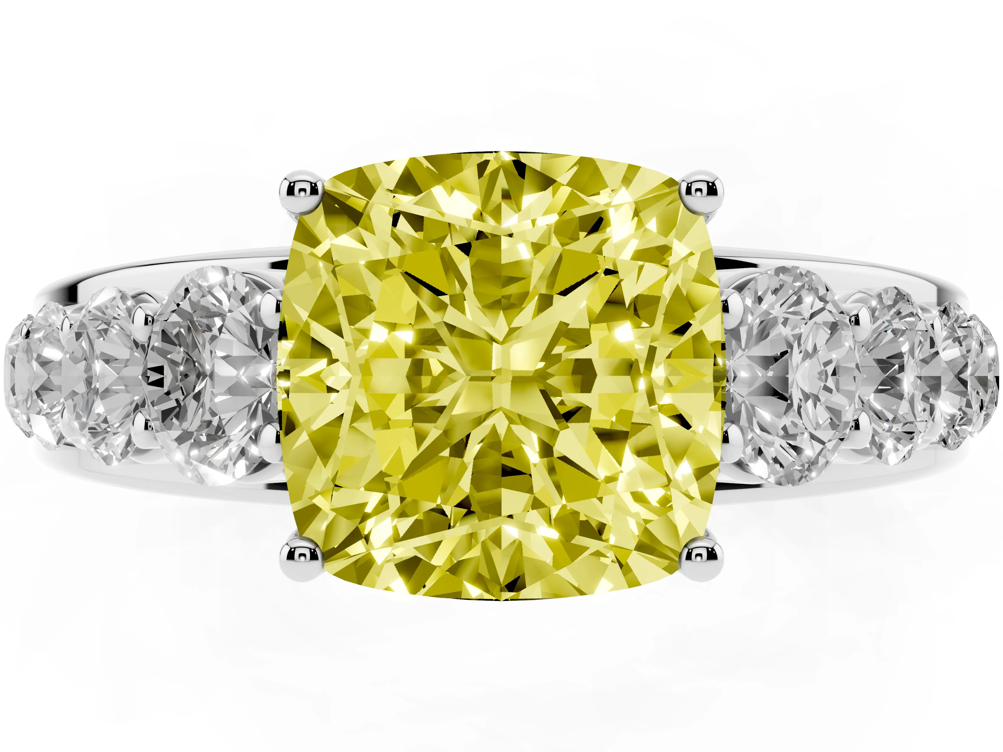 Fancy Yellow Cushion Cut Diamond Solitaire Ring Set in Silver with Pavé-Set Band and Prong Setting
