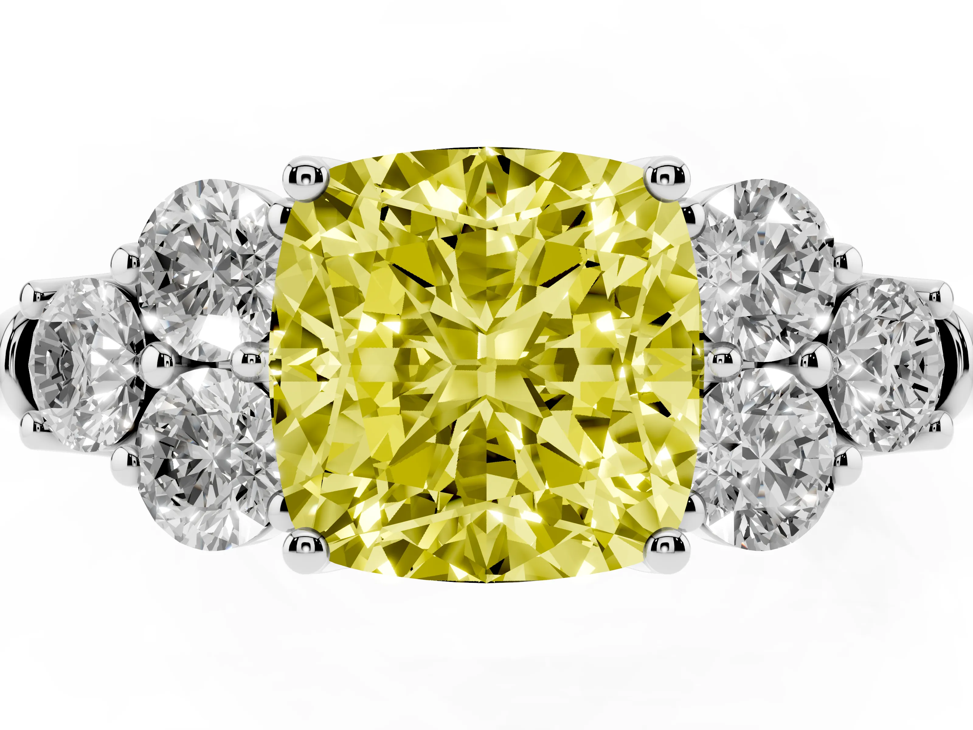 Fancy Yellow Cushion Cut Diamond Cluster Ring Set in White gold with Round Accent Stones and Prong Setting on a Plain Band