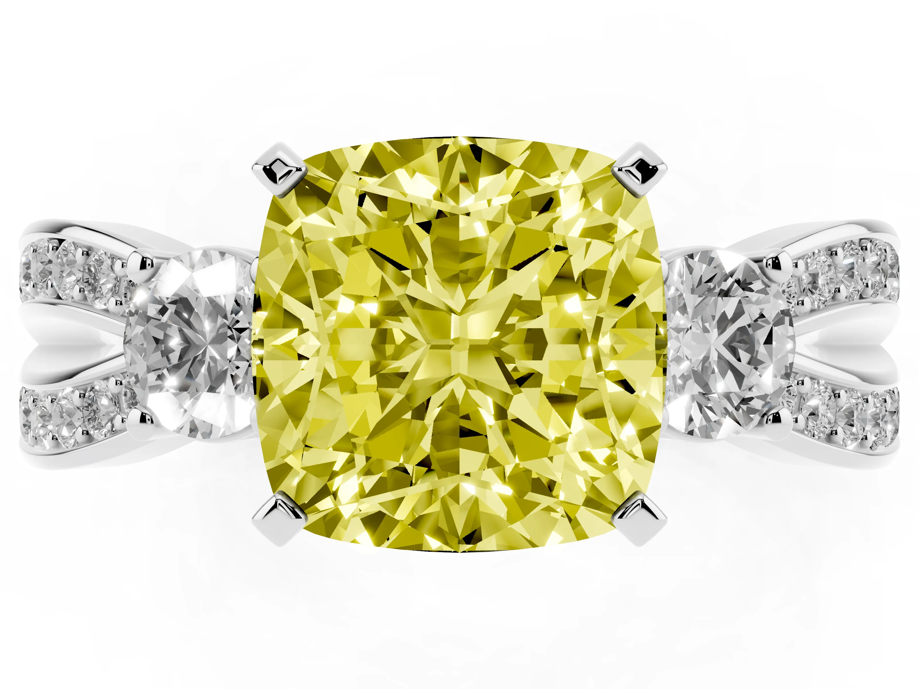 Fancy Yellow Three-Stone Cushion Cut Diamond Twist Band Ring Set in Platinum with Pavé Accents and Prong Setting