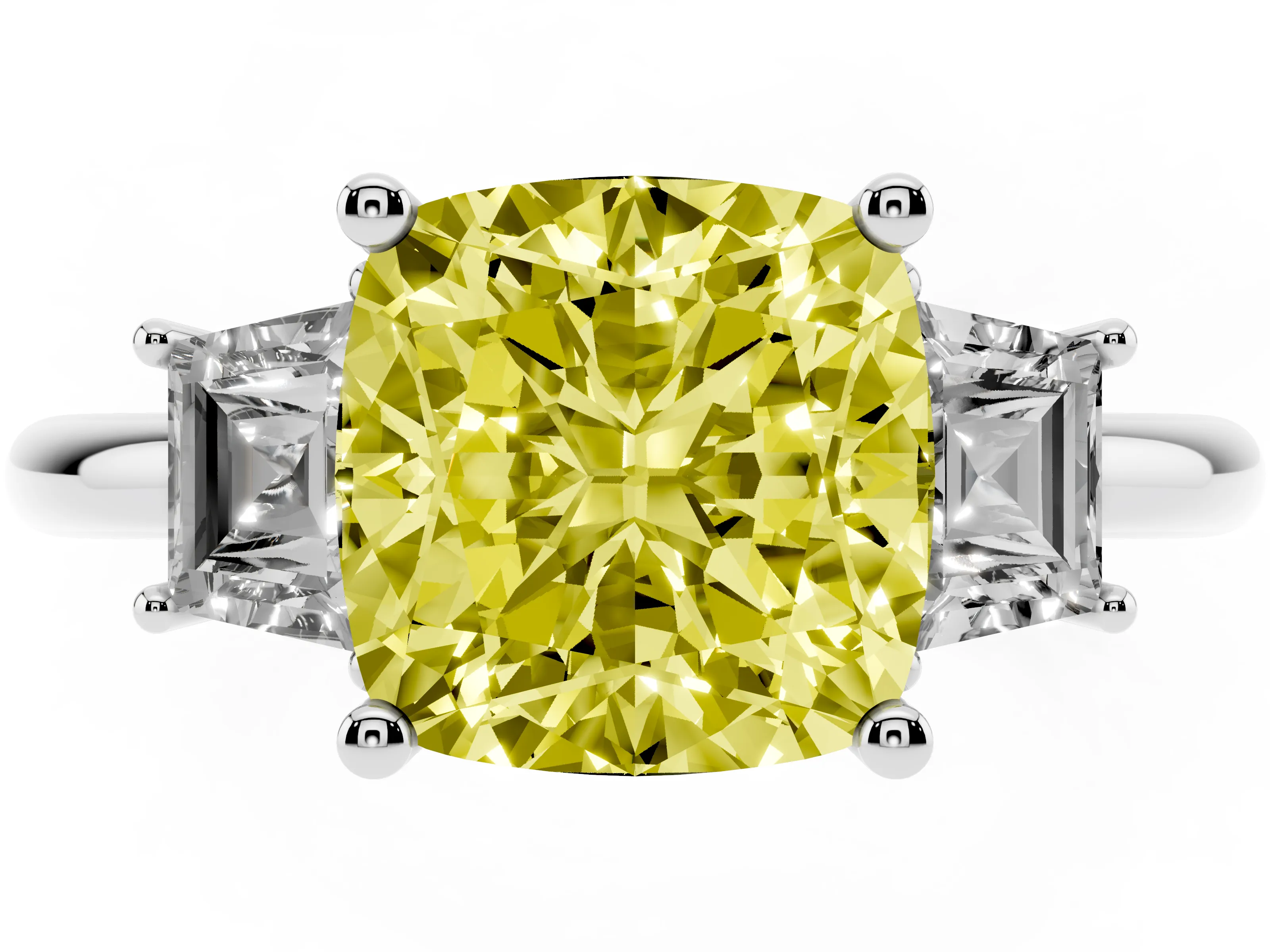 Fancy Yellow Cushion Cut Diamond Three-Stone Ring Set in Silver with Trapezoid Side Stones and Prong Setting