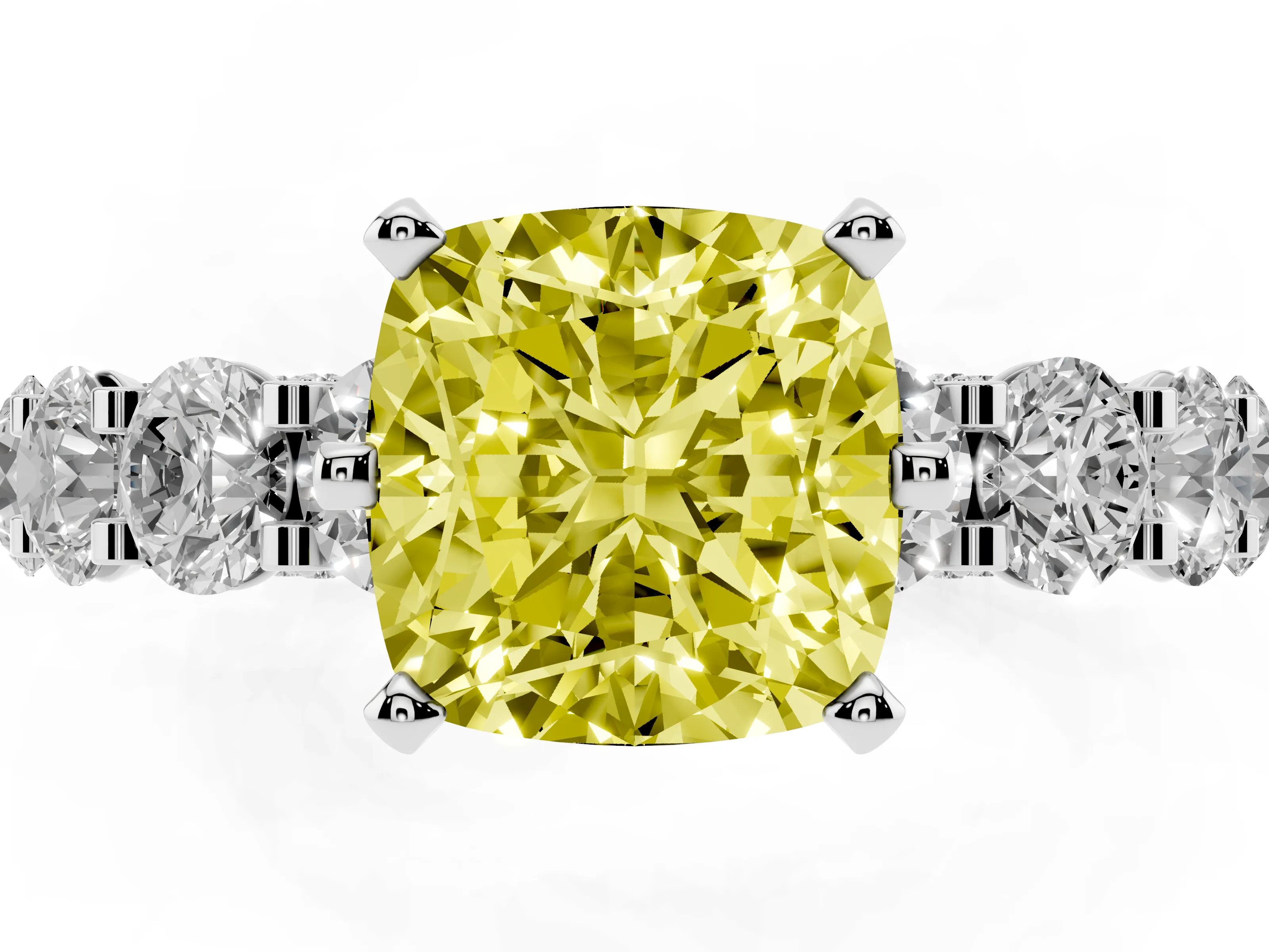 Fancy Yellow Cushion Cut Diamond Side Stone Ring Set in Silver with Alternating Round and Oval Side Stones