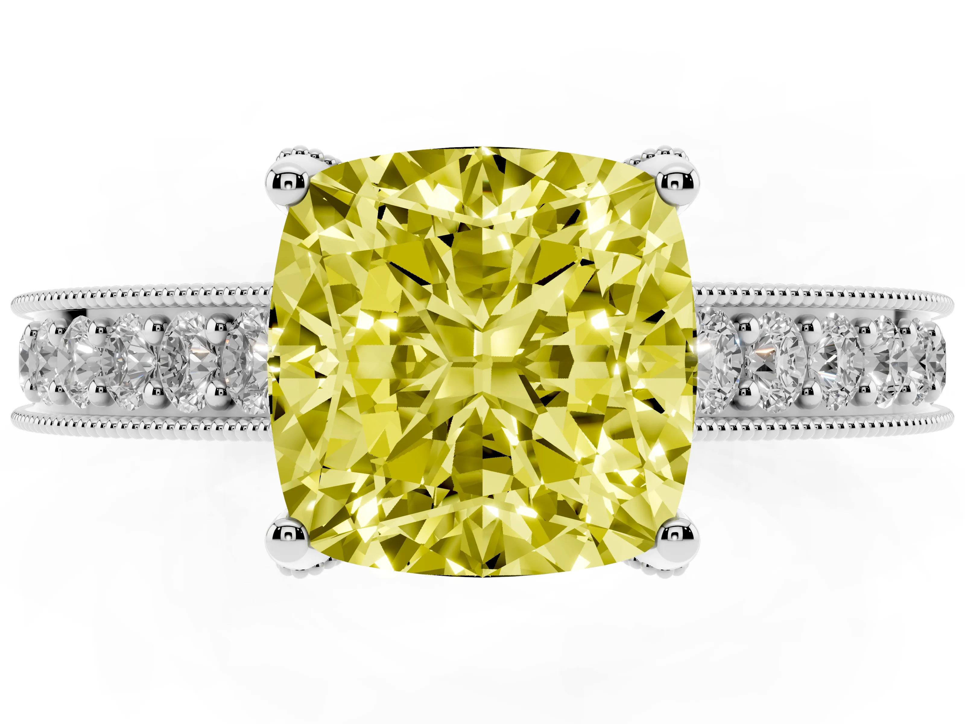 Fancy Yellow Cushion Cut Diamond Solitaire Ring Set in Silver with Milgrain-Edged Pavé Band and Prong Setting