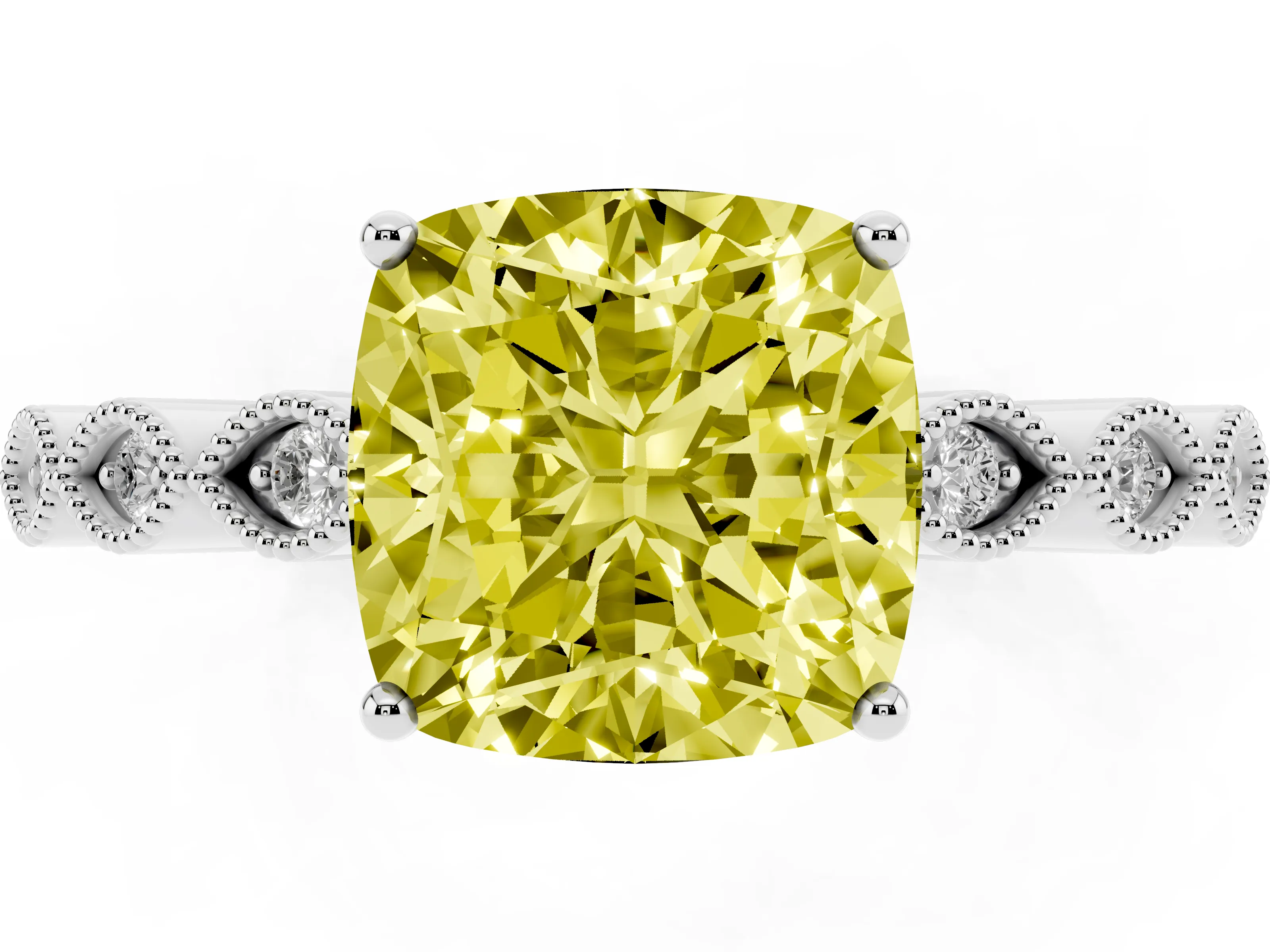 Fancy Yellow Cushion Cut Diamond Solitaire Ring Set in White gold with Infinity Twist Pavé Band