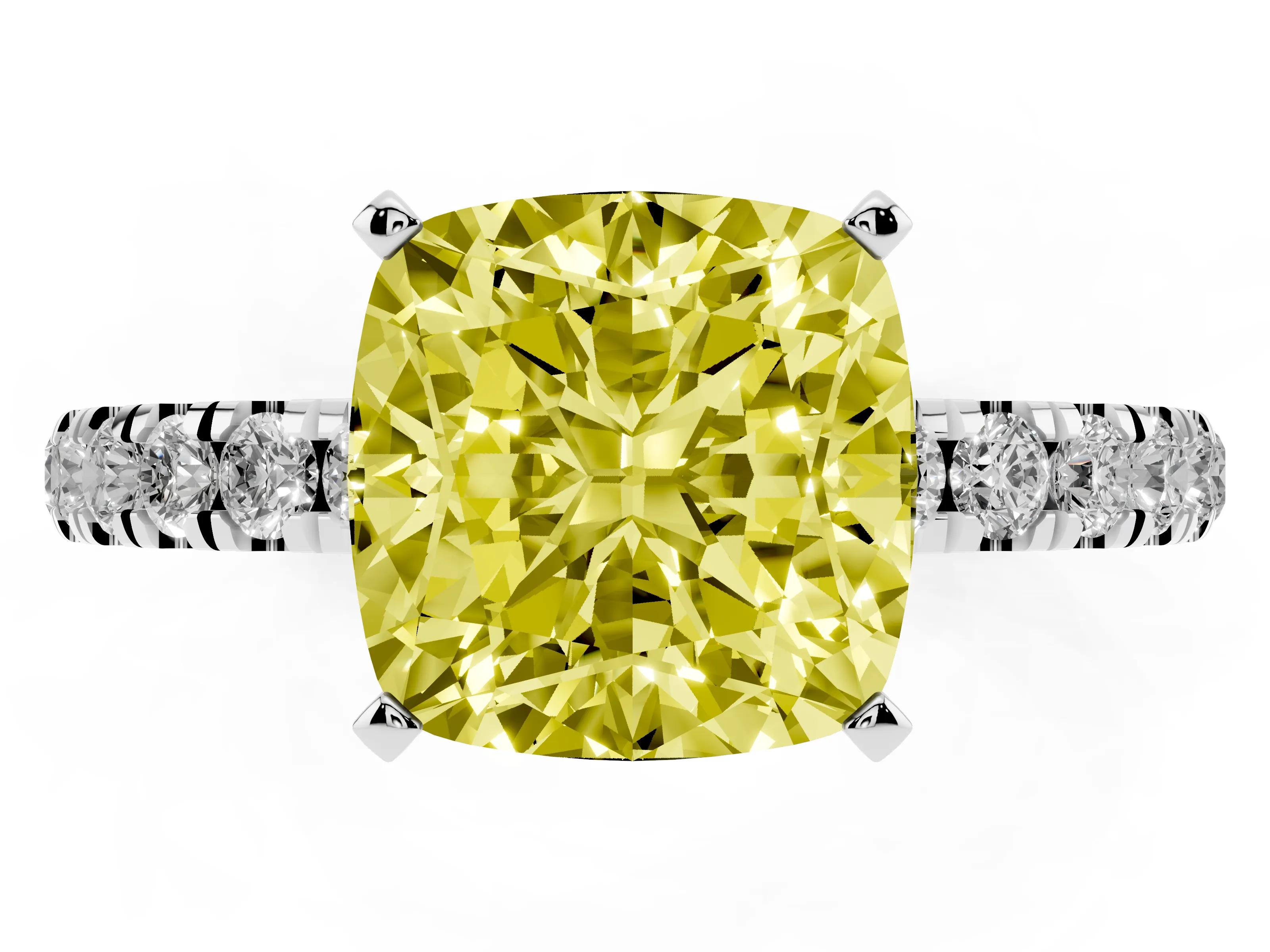Fancy Yellow Cushion Cut Diamond Solitaire Ring Set in Silver with Pavé Accents and Prong Setting