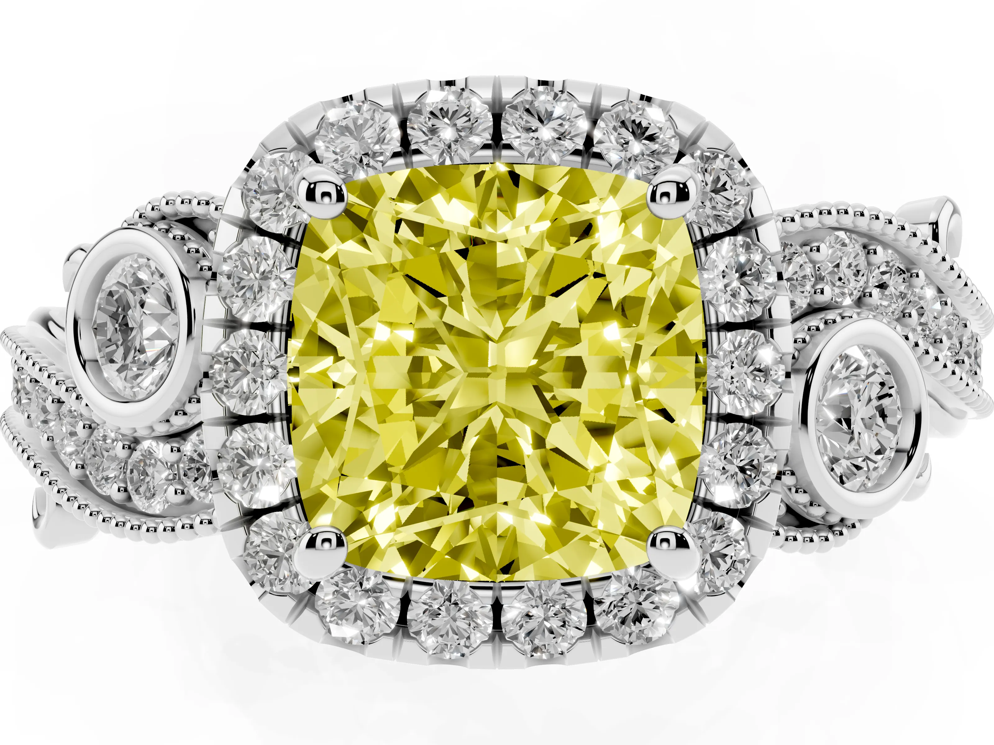 Fancy Yellow Cushion Cut Diamond Halo Ring Set in Platinum with Milgrain Pavé Band and Prong Setting