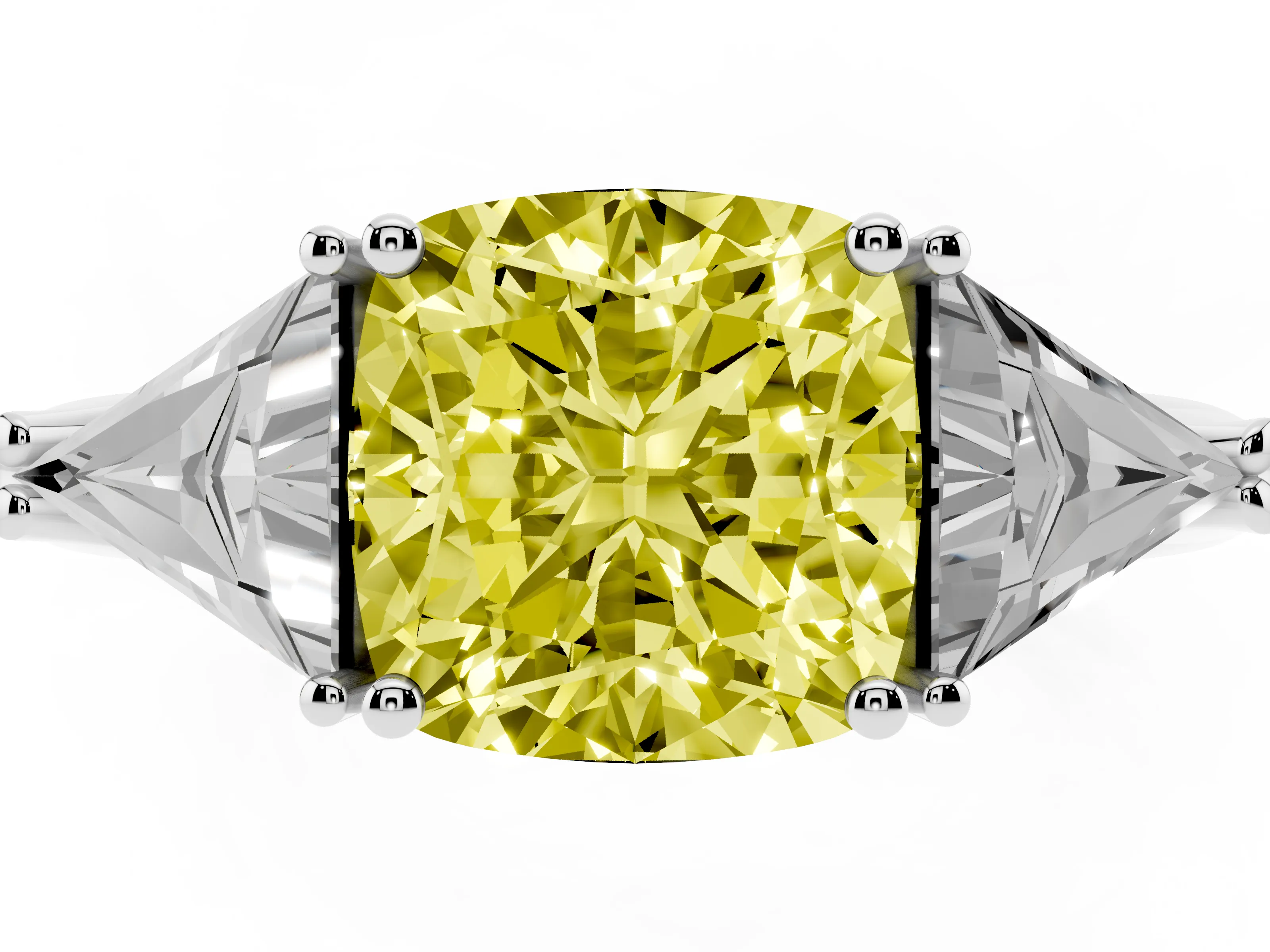 Fancy Yellow Cushion Cut Diamond Three-Stone Engagement Ring Set in Silver with Trillion Side Stones