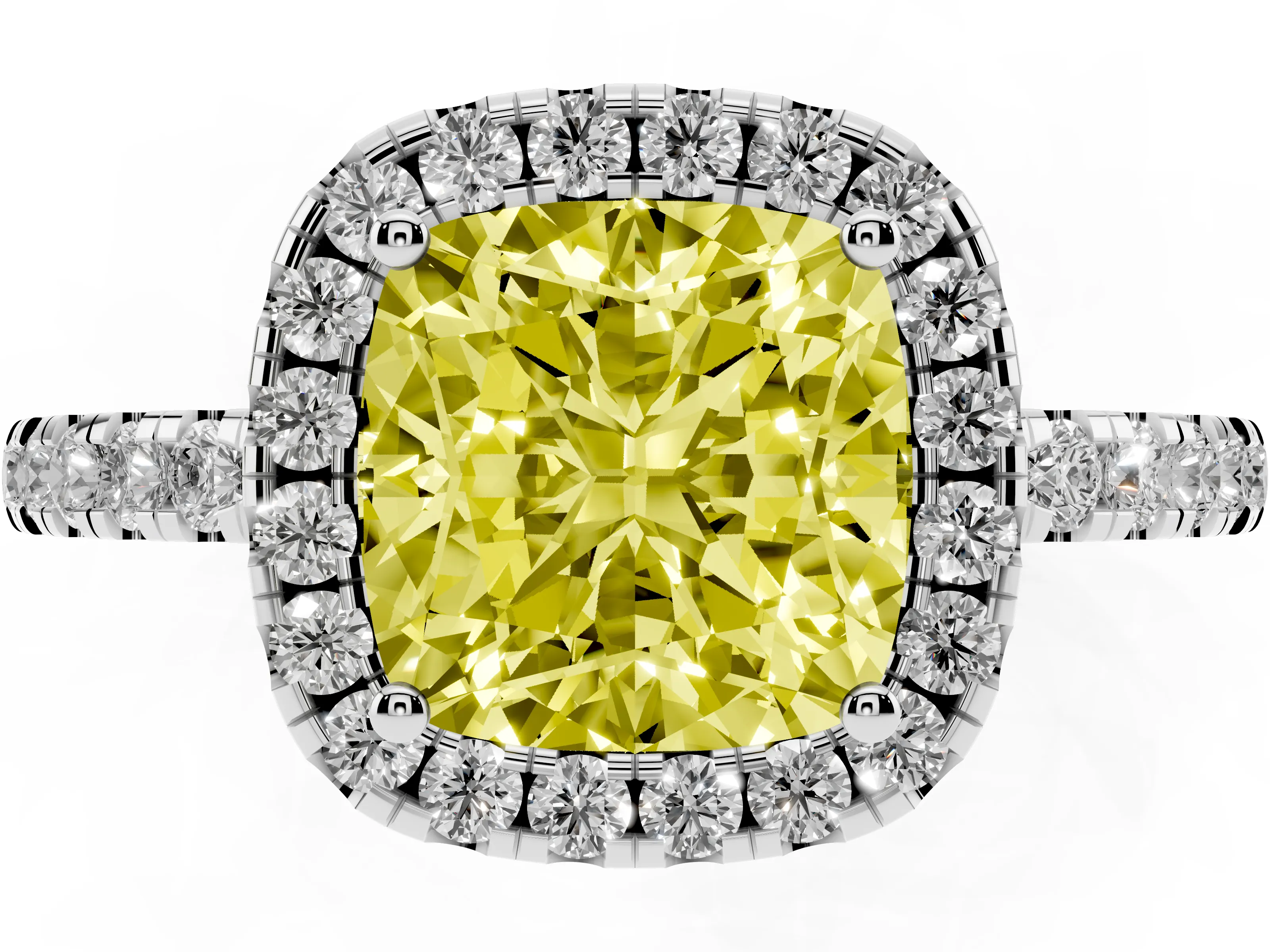Fancy Yellow Cushion Cut Diamond Pavé Band Halo Engagement Ring Set in White gold with Prong Setting