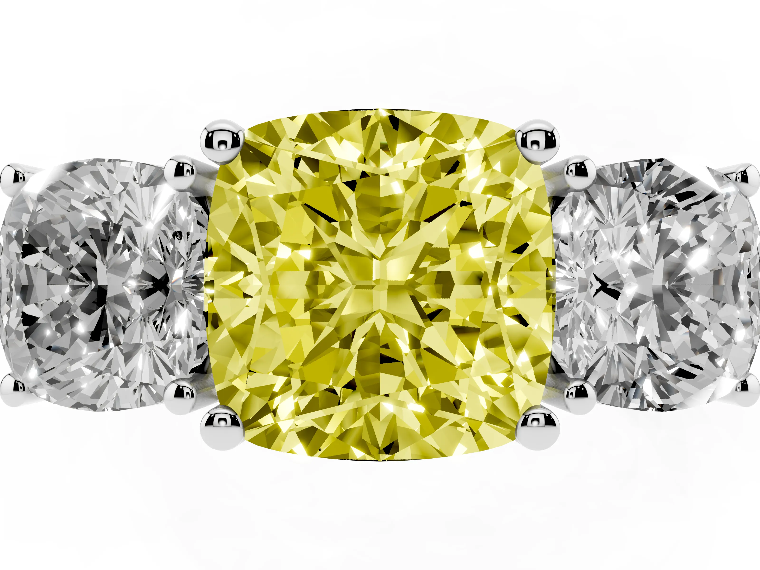 Fancy Yellow Cushion Cut Diamond Three-Stone Engagement Ring Set in Platinum with Flat Band