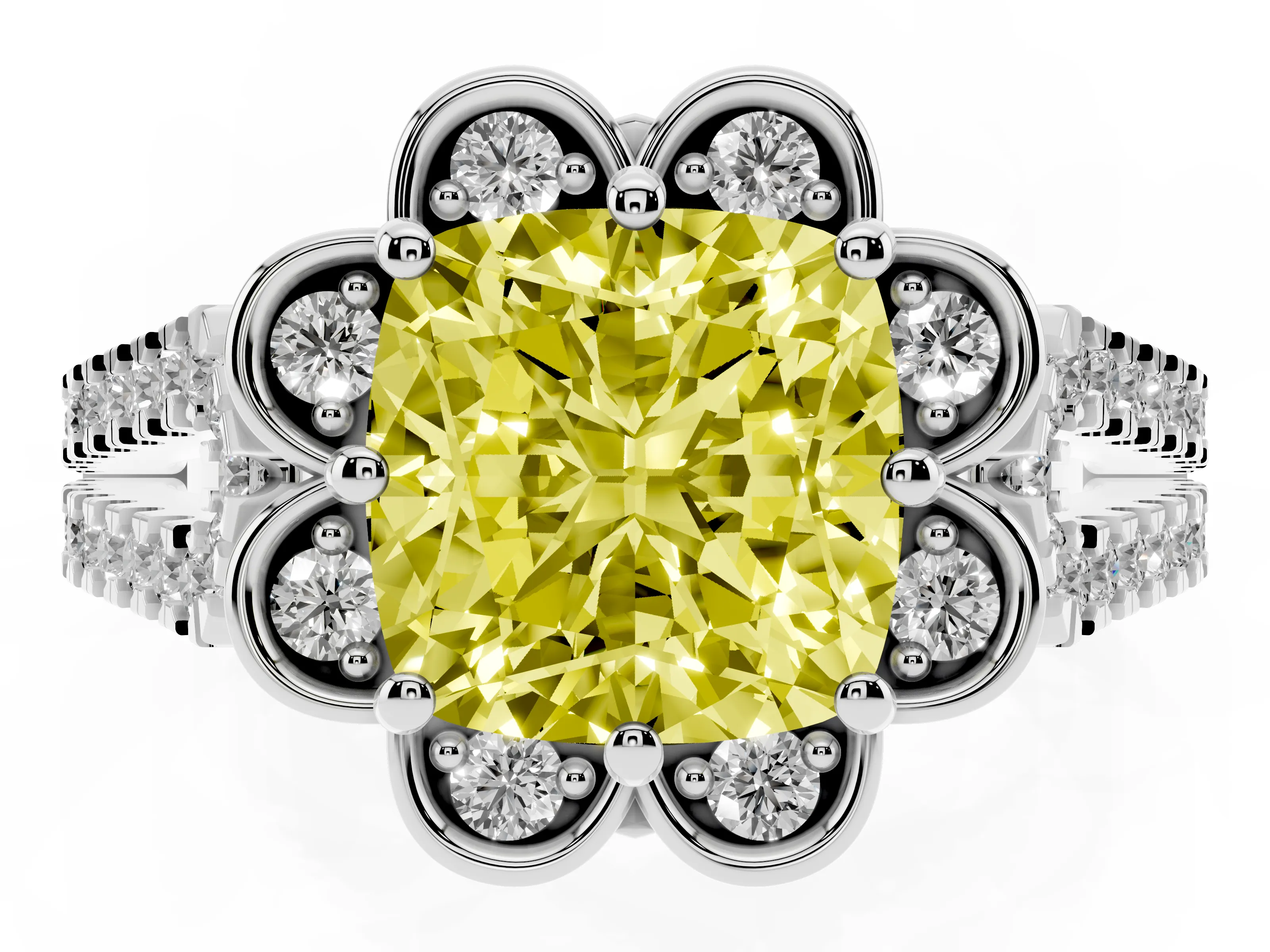 Fancy Yellow Cushion Cut Diamond Floral Halo Split Shank Engagement Ring Set in Silver with Pavé Shank