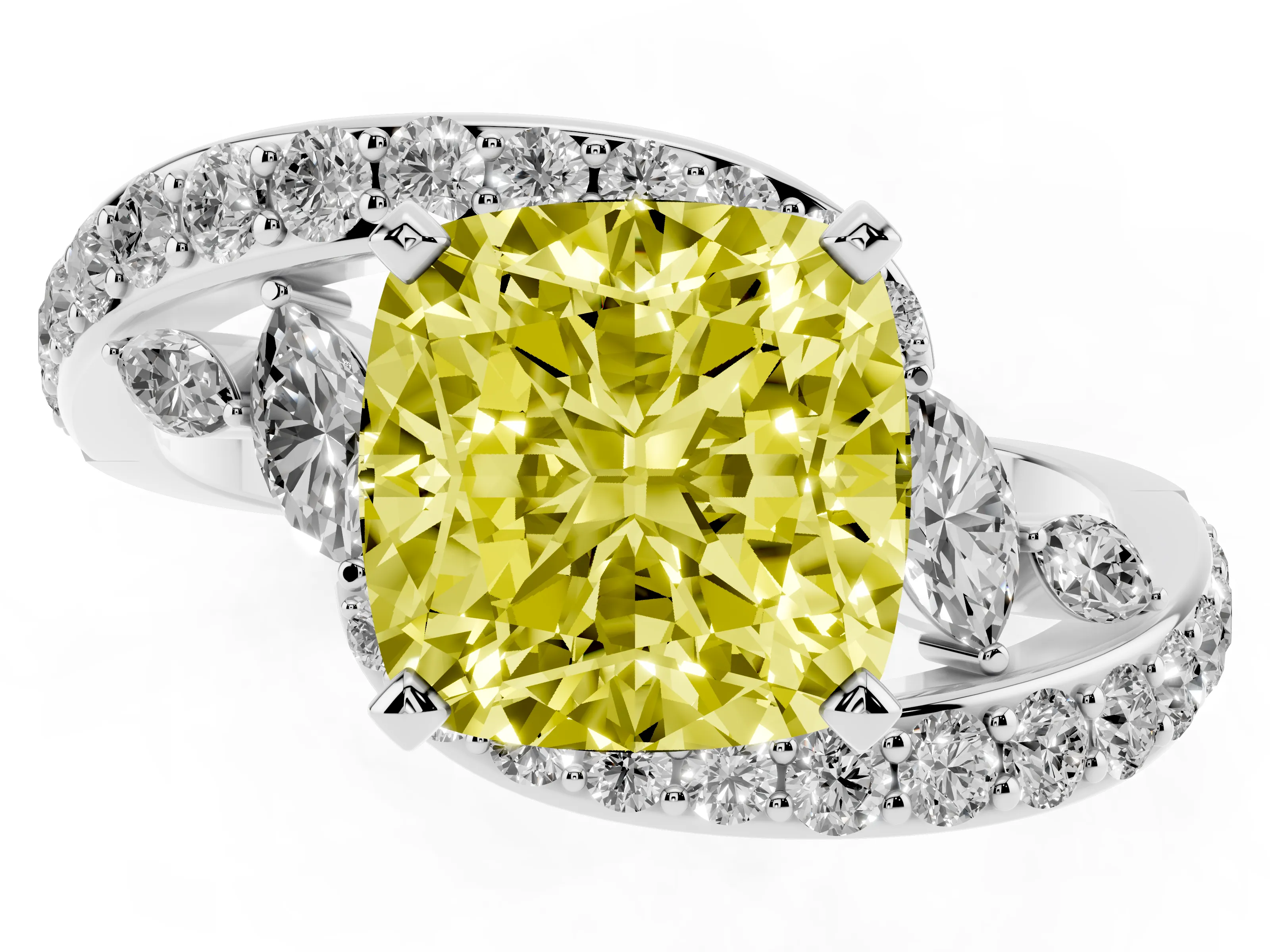 Fancy Yellow Cushion Cut Diamond Solitaire Ring Set in Platinum with Filigree Band and Prong Setting
