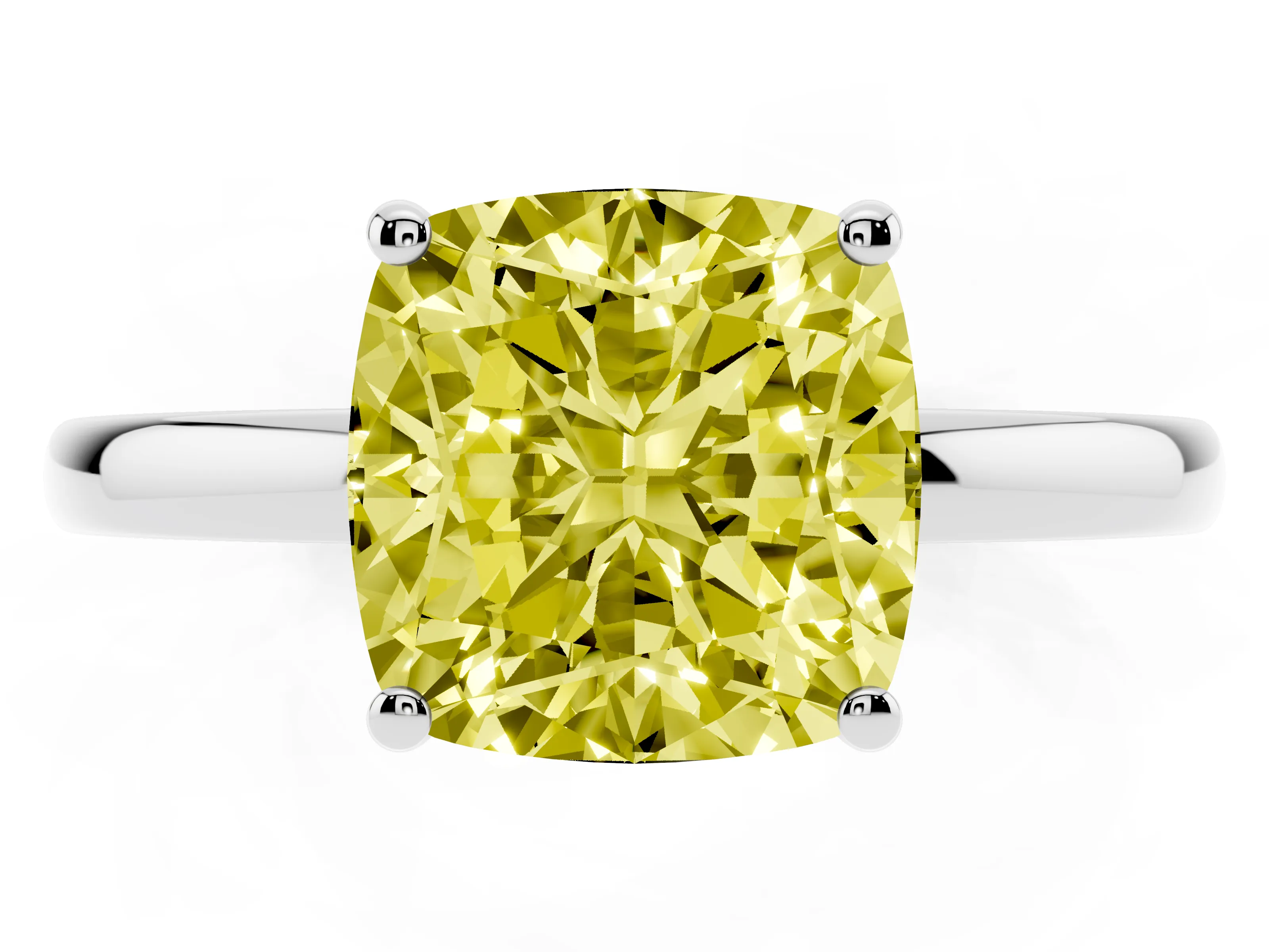 Fancy Yellow Cushion Cut Diamond Solitaire Ring Set in Platinum with Plain Band and Prong Setting