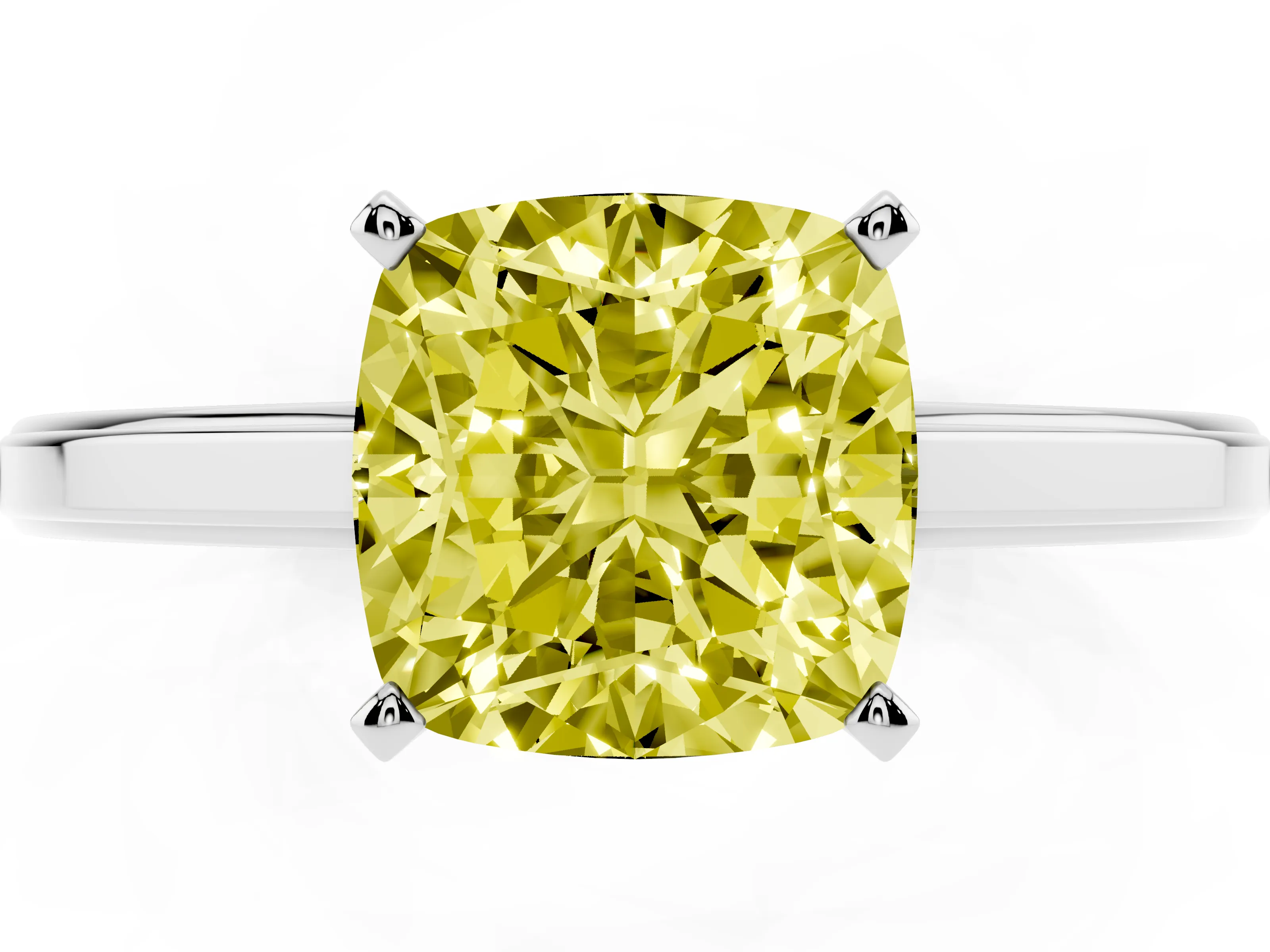 Fancy Yellow Cushion Cut Diamond Solitaire Ring Set in White gold with Prong Setting and Classic Band