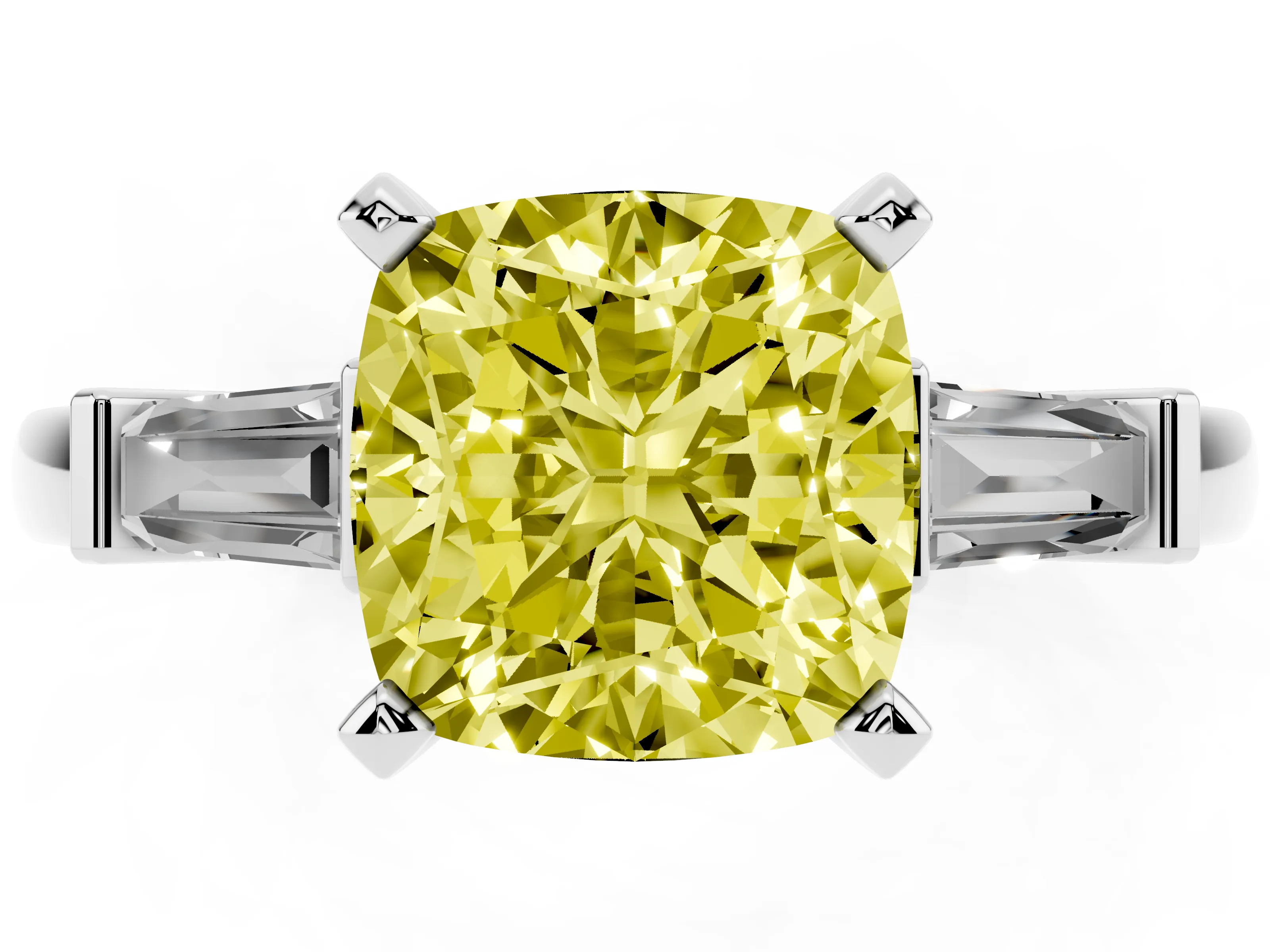 Fancy Yellow Cushion Cut Diamond Solitaire Ring Set in Platinum with Tapered Baguette Accents and Prong Setting