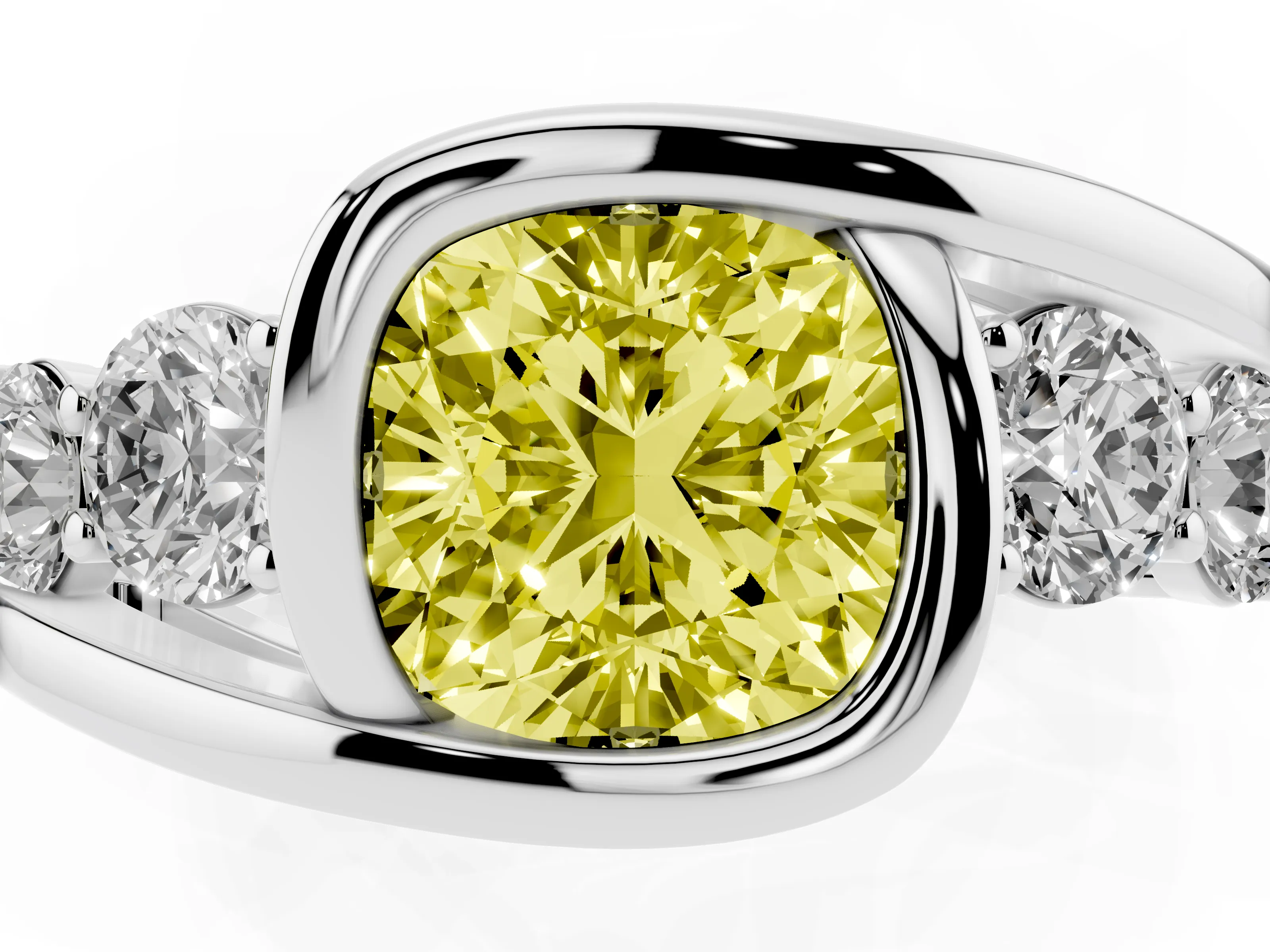 Fancy Yellow Cushion Cut Diamond Bezel Bypass Ring Set in Silver with Round Accents