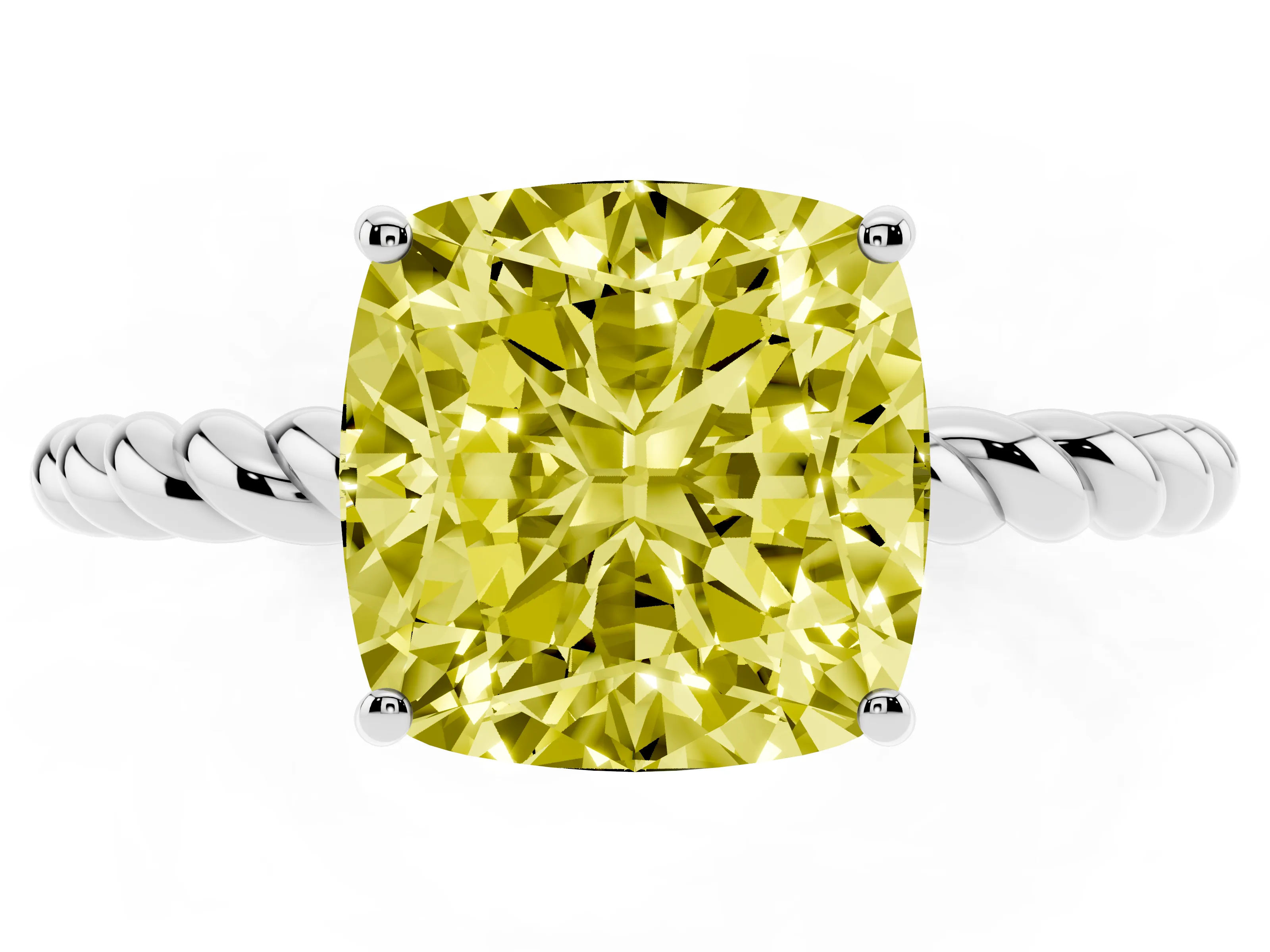 Fancy Yellow Cushion Cut Diamond Solitaire Ring Set in Platinum with Twist Band and Prong Setting