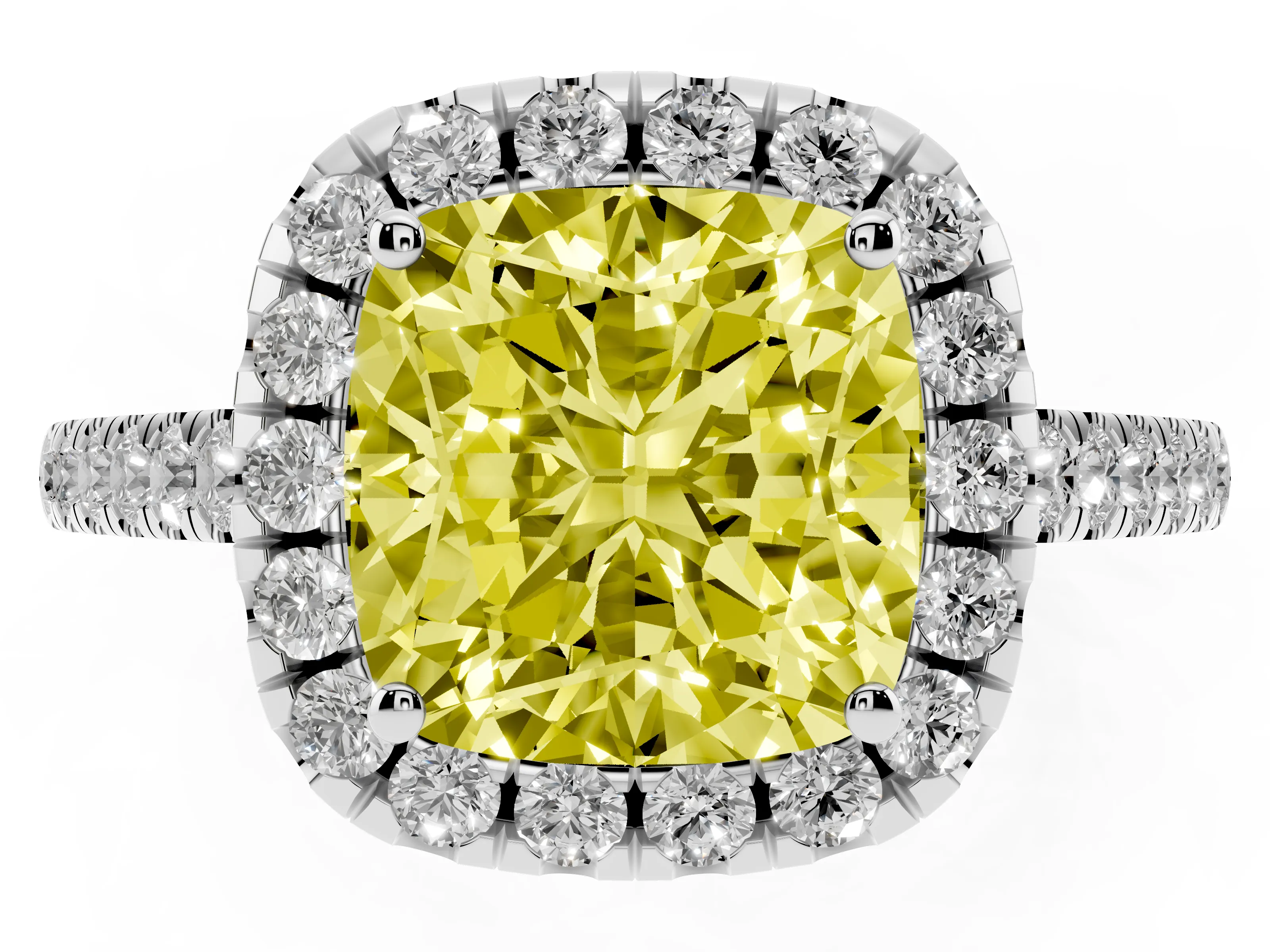 Fancy Yellow Cushion Cut Diamond Pavé Halo Engagement Ring Set in Platinum with Pavé Band and Prong Setting