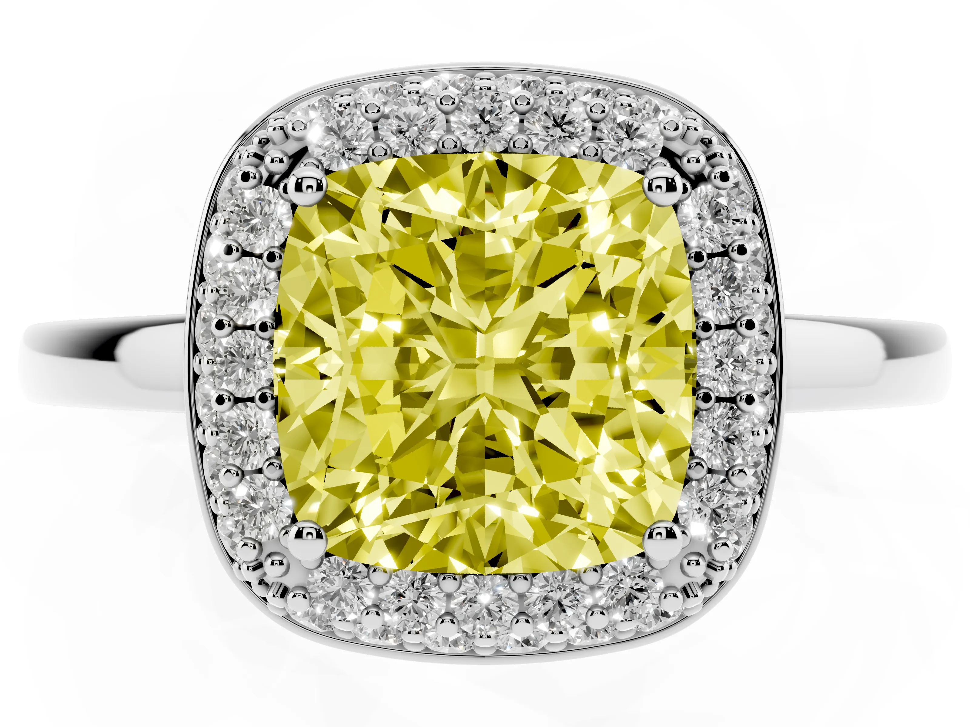 Fancy Yellow Cushion Cut Diamond Halo Engagement Ring Set in Platinum with Solitaire Band and Prong Setting