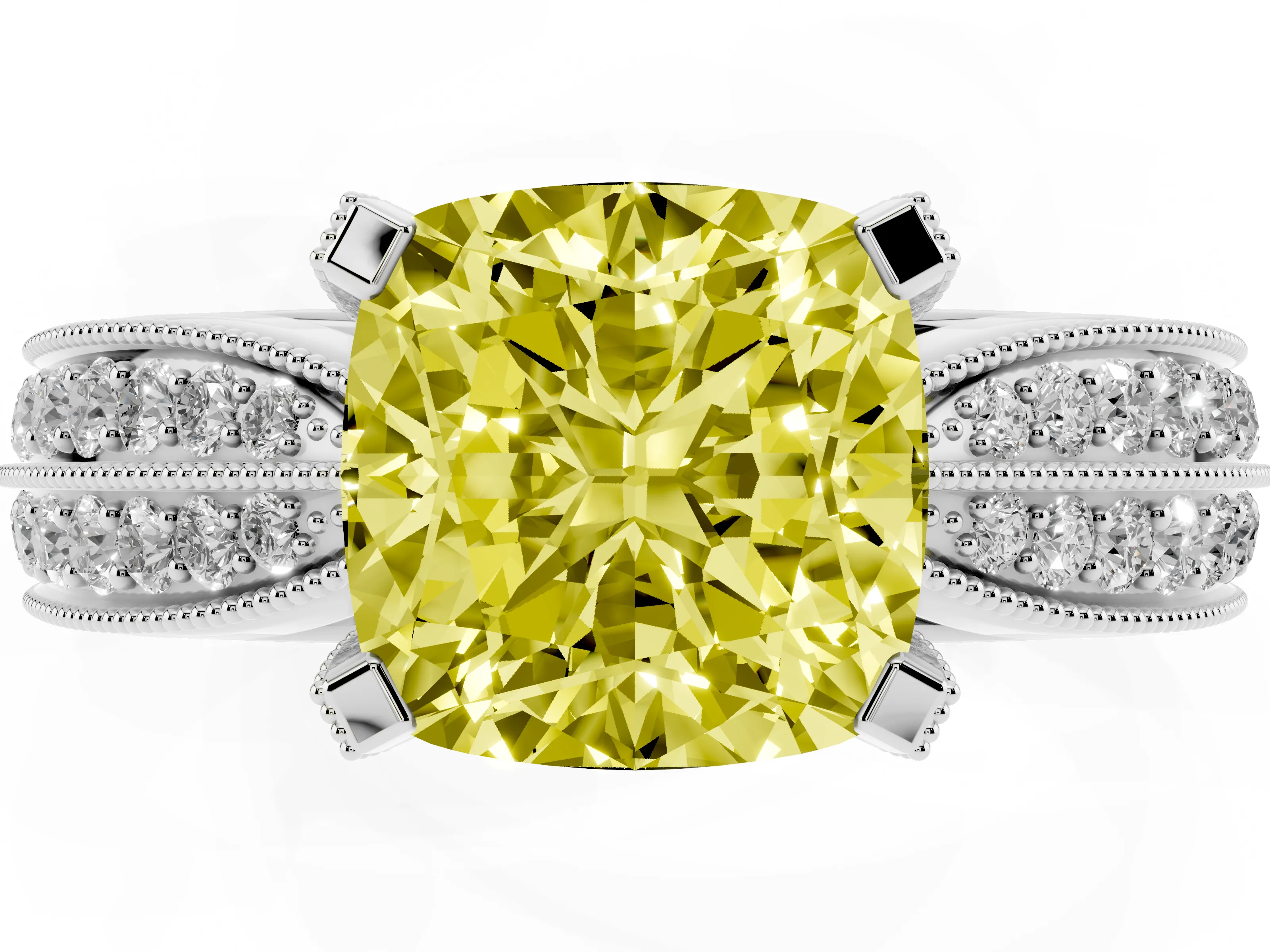 Fancy Yellow Cushion Cut Diamond Solitaire Ring Set in Platinum with Milgrain Double Row Round Pavé Band