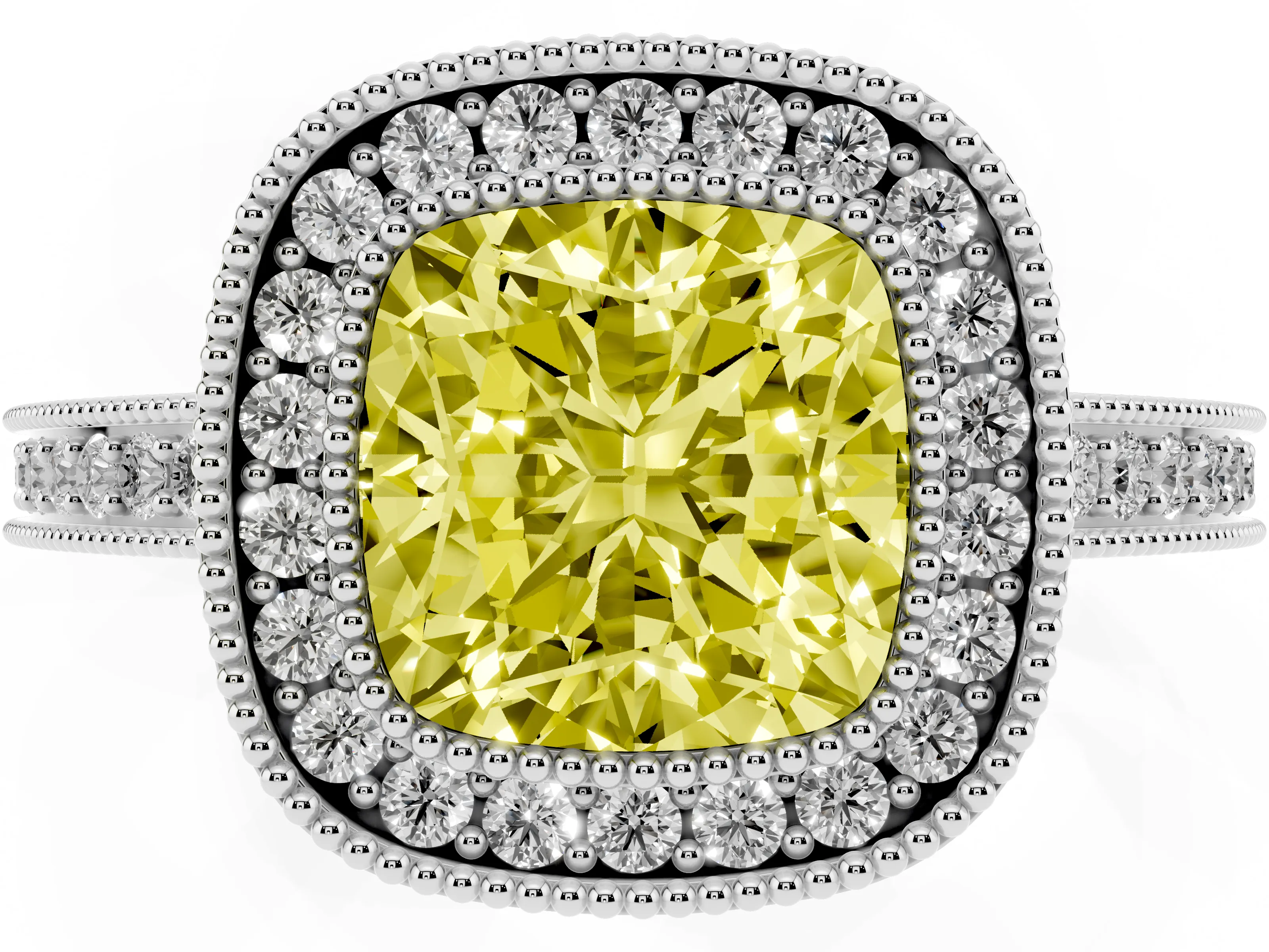 Fancy Yellow Cushion Cut Diamond Round Halo Ring Set in Platinum with Pavé Band