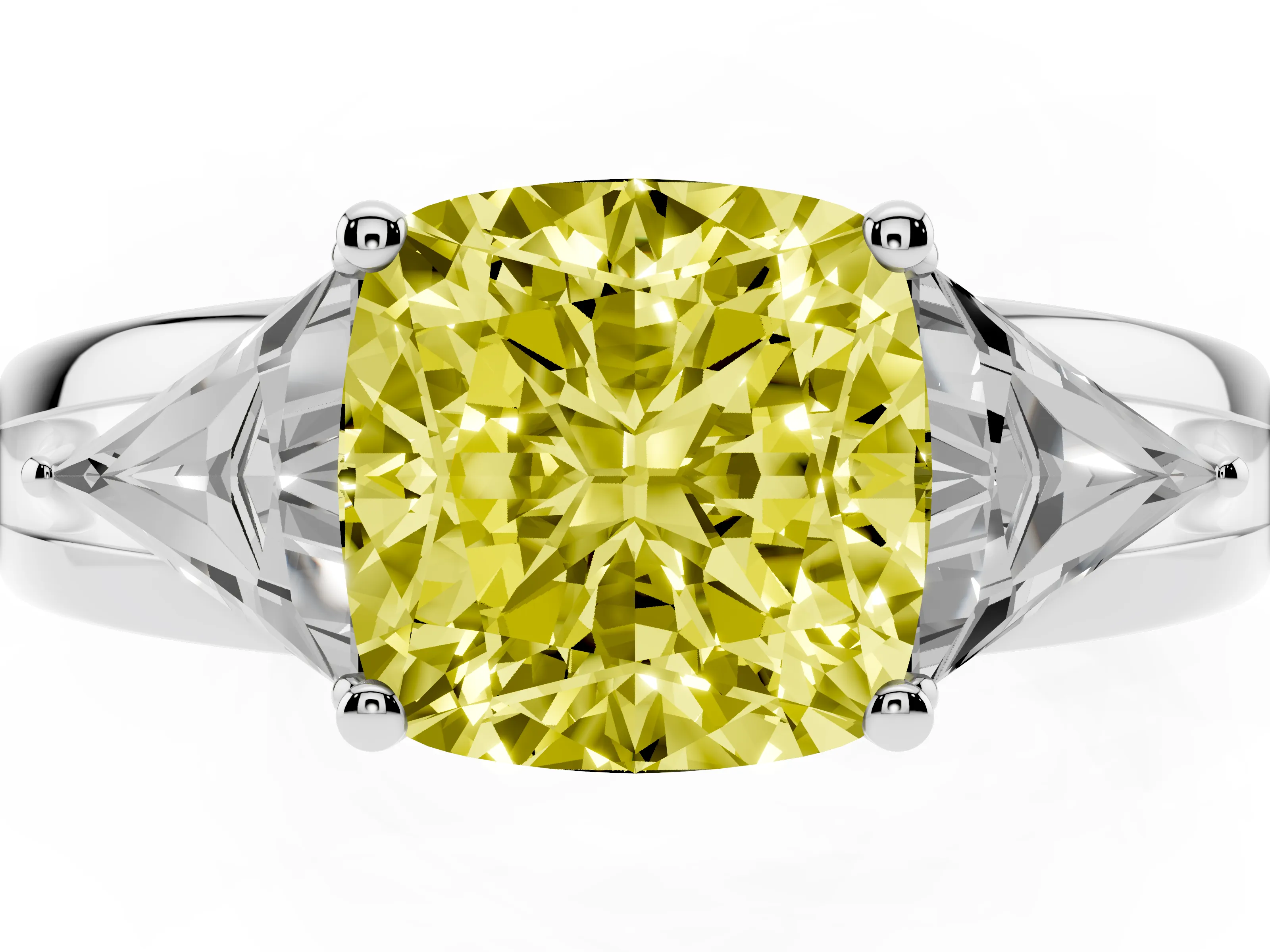 Fancy Yellow Cushion Cut Diamond Three-Stone Ring Set in White gold with Trillion Side Stones and Split Shank