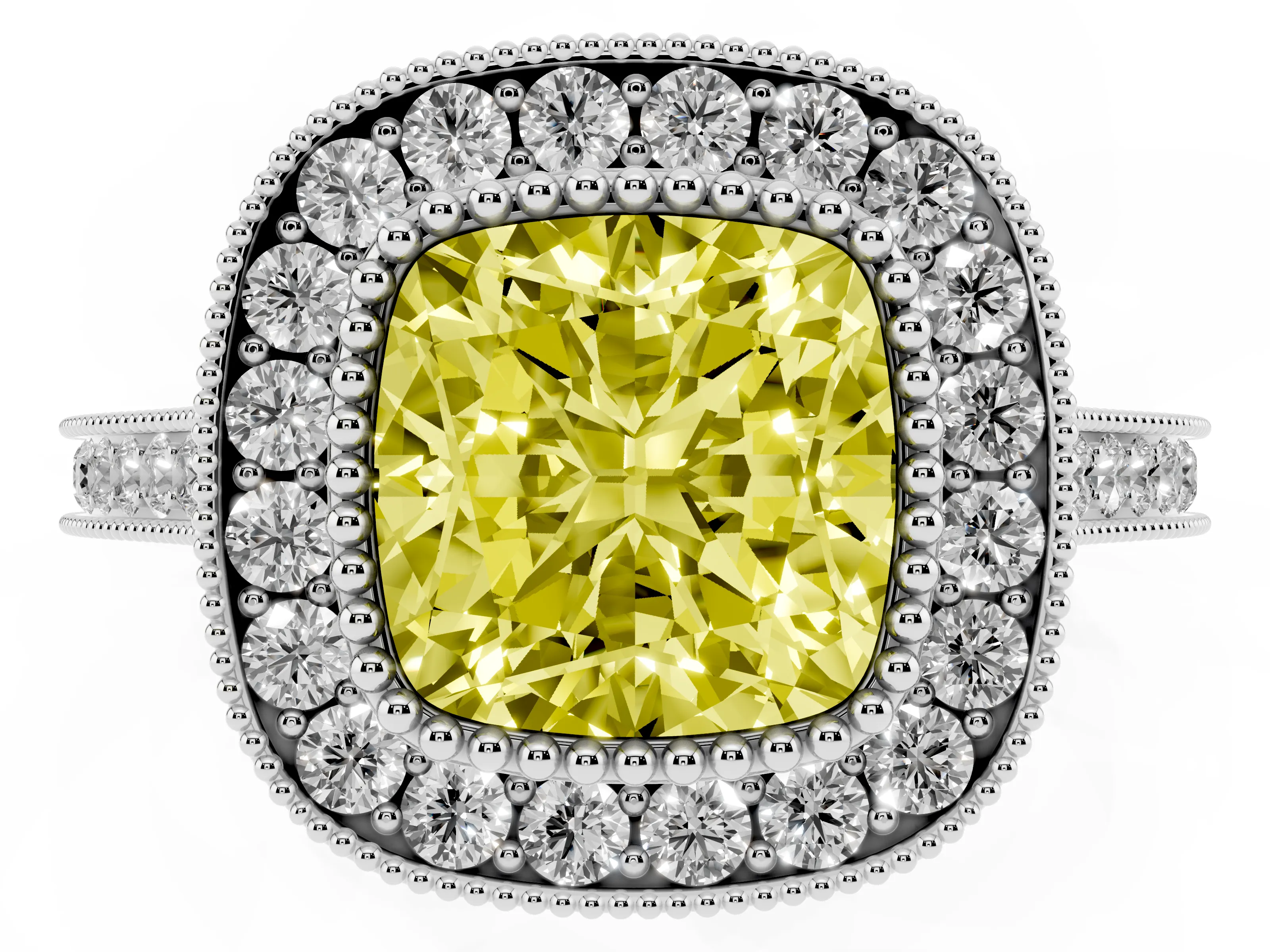 Fancy Yellow Cushion Cut Diamond Halo Ring Set in White gold with Milgrain Frame and Pavé Band
