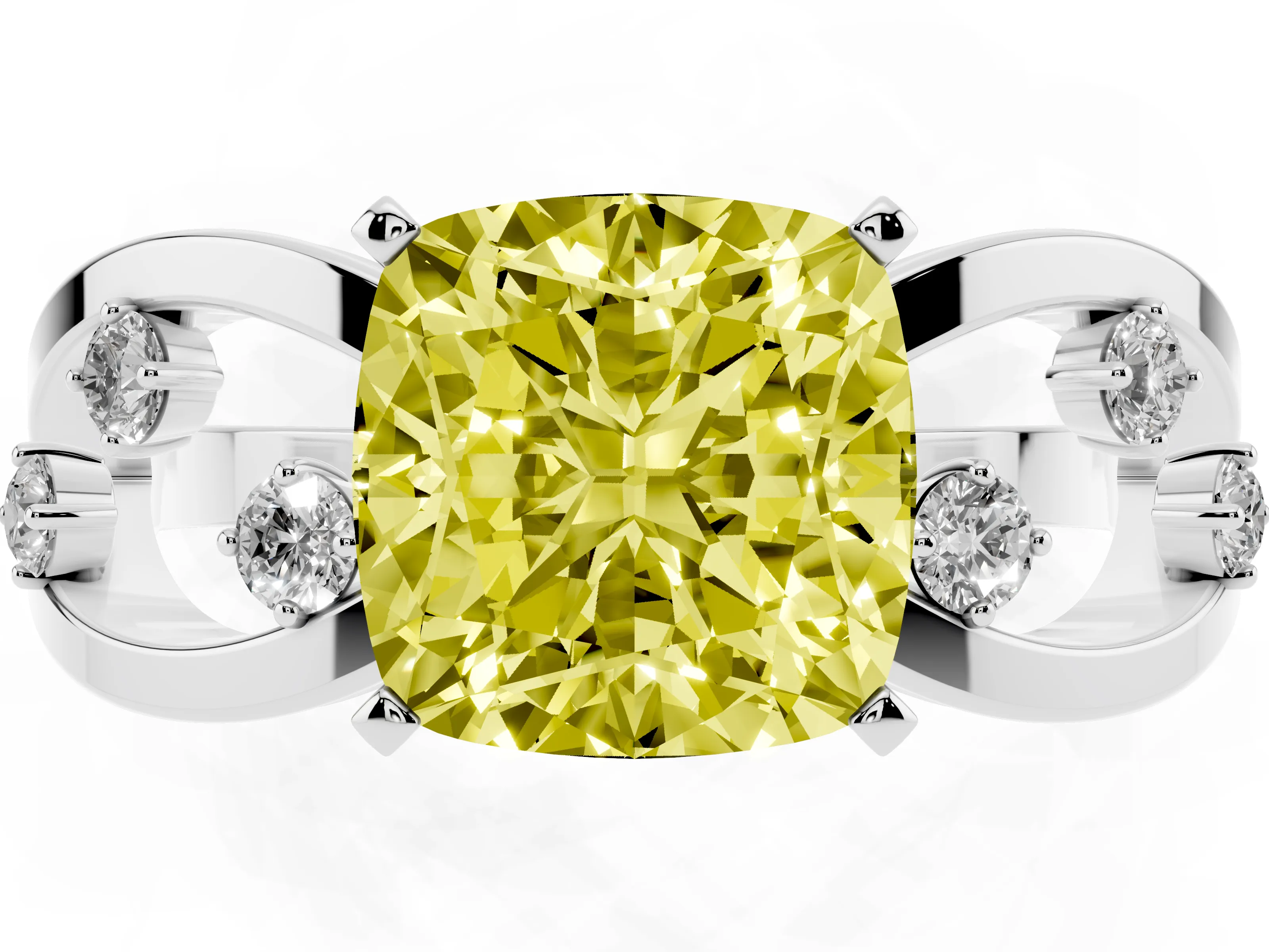 Fancy Yellow Cushion Cut Diamond Solitaire Ring Set in Platinum with Side Stones on Criss-Cross Band and Prong Setting