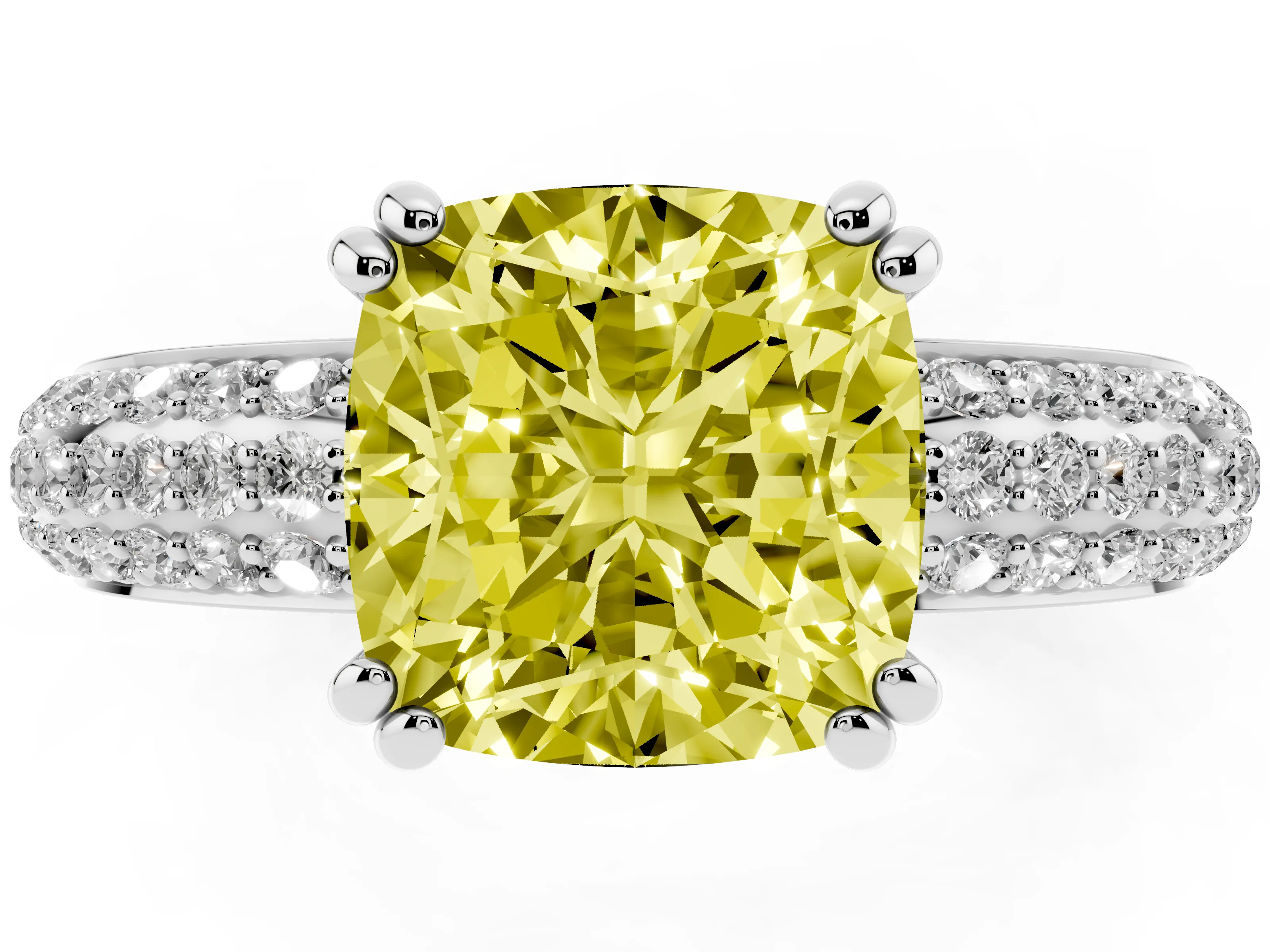 Fancy Yellow Cushion Cut Diamond Solitaire Ring Set in Platinum with Multi-Row Round Pavé Band and Prong Setting