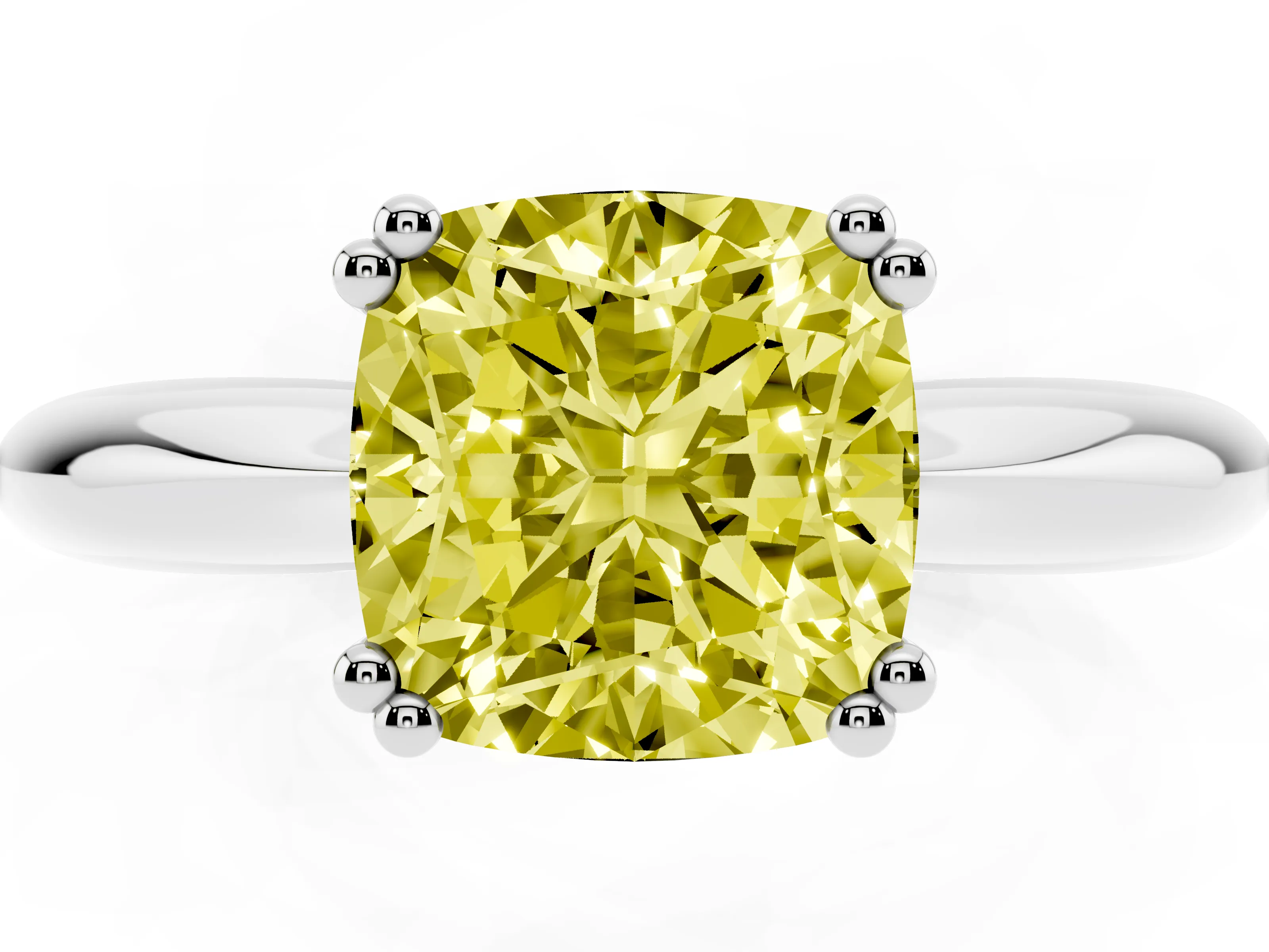 Fancy Yellow Cushion Cut Diamond Solitaire Engagement Ring Set in White gold with Tapered Band and Prong Setting