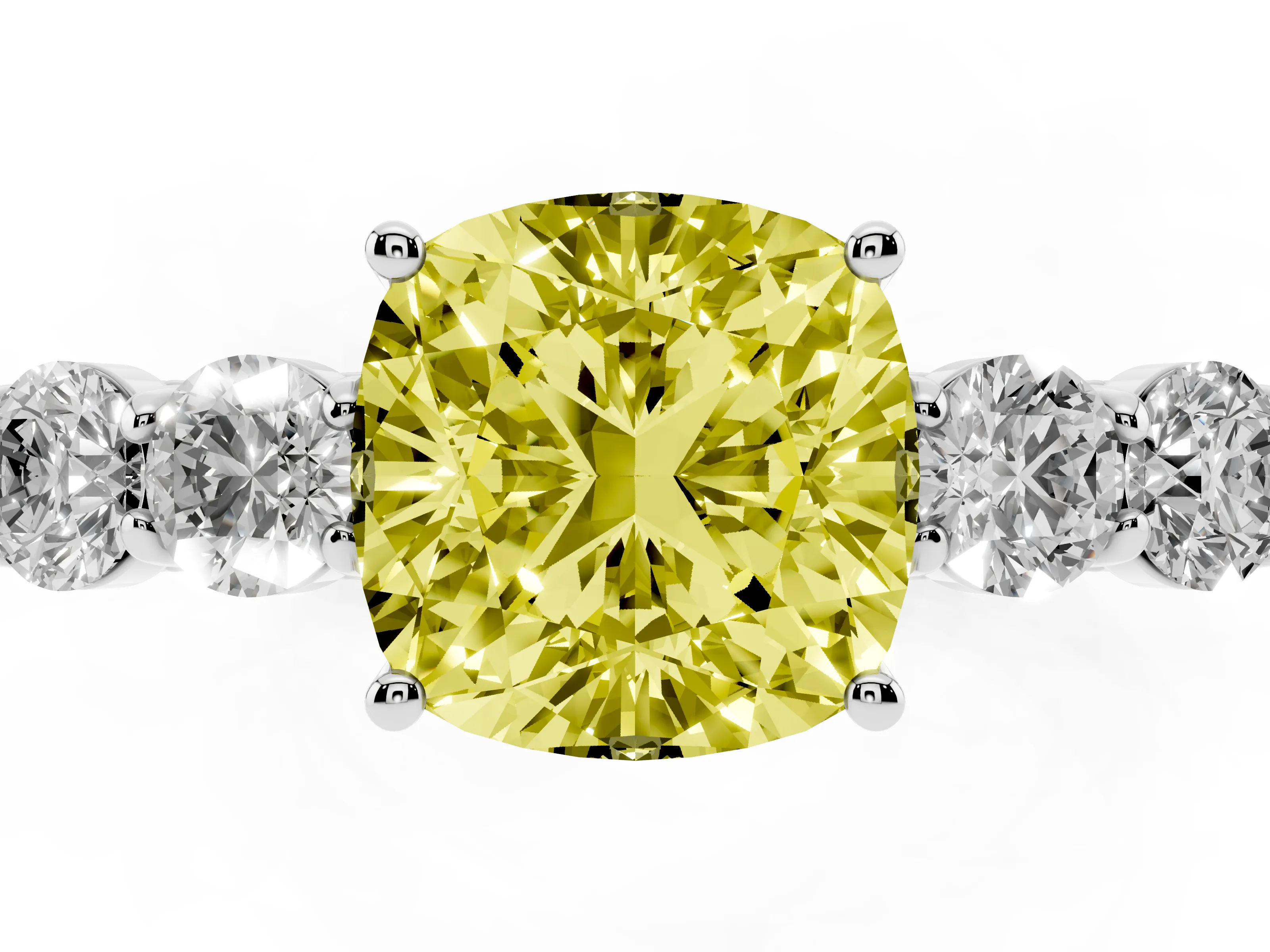 Fancy Yellow Cushion Cut Diamond Five-Stone Prong Set Band Ring Set in White gold with Polished Band