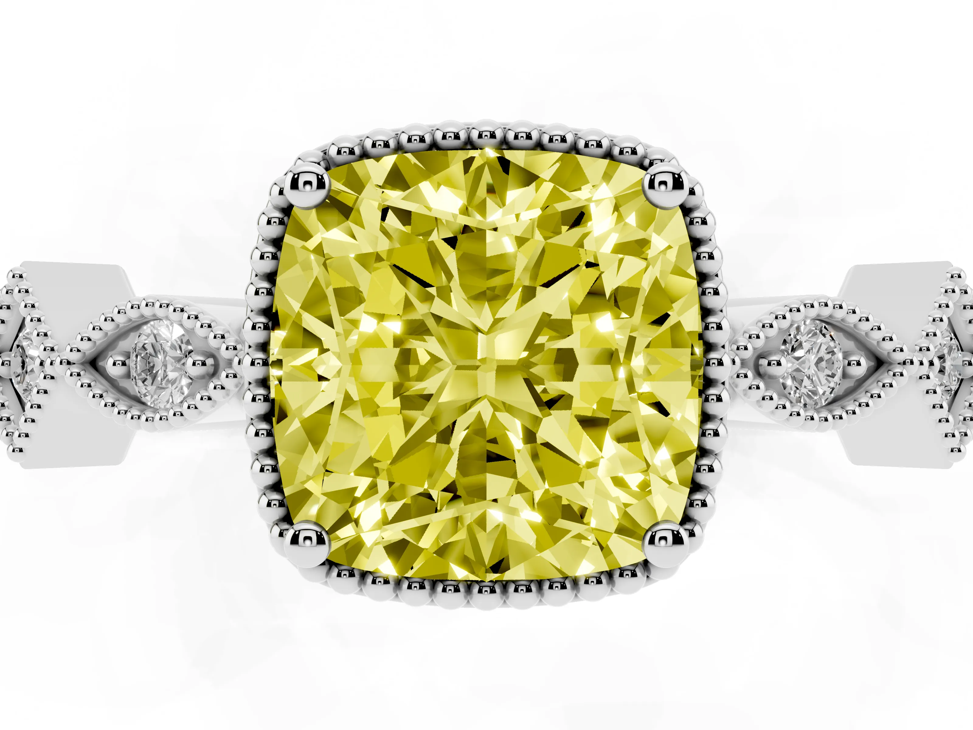 Fancy Yellow Cushion Cut Diamond Milgrain Marquise Twist Band Ring Set in White gold with Prong Setting