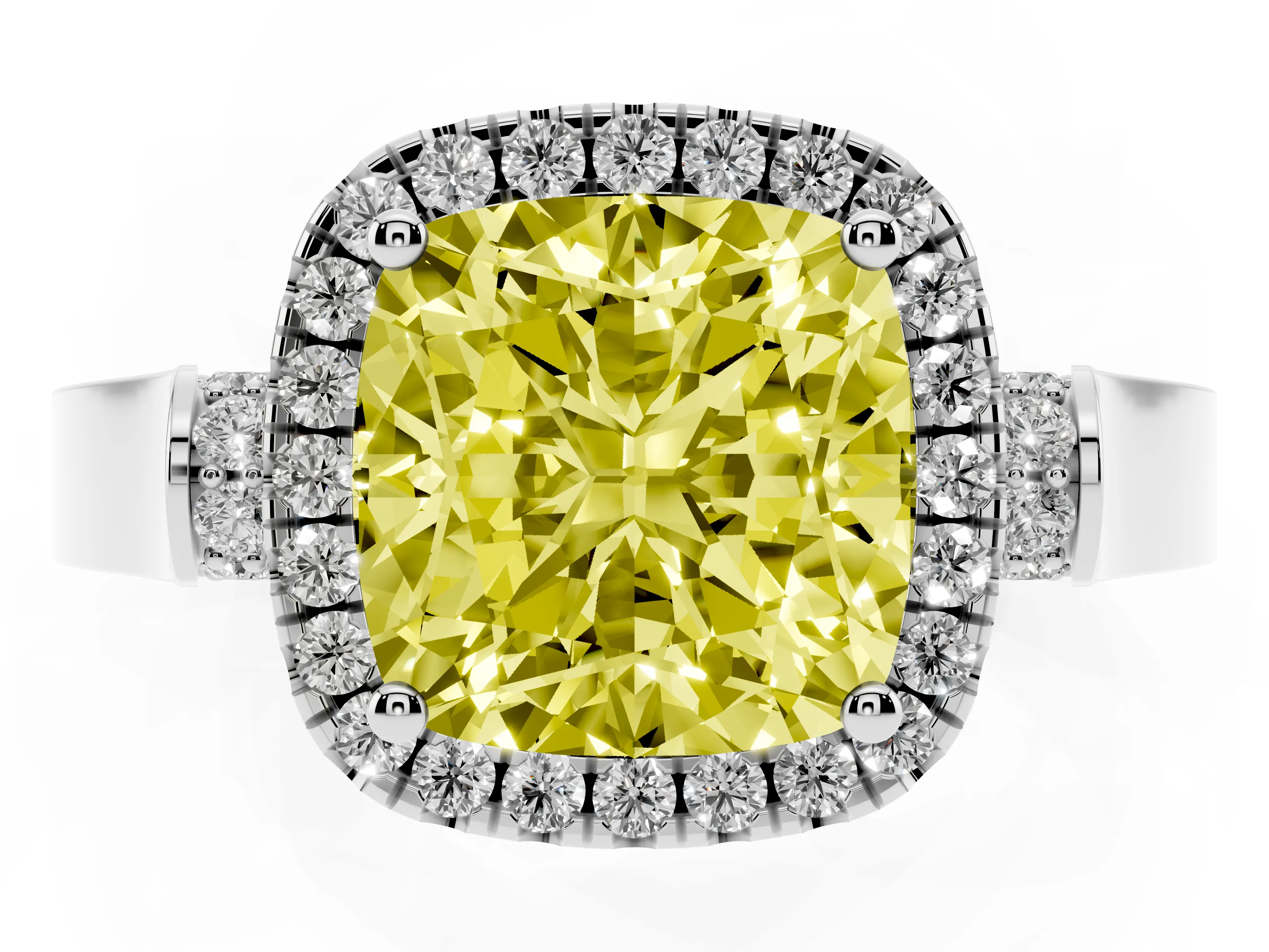 Fancy Yellow Cushion Cut Diamond Halo Ring Set in Platinum with Pavé-Lined Split Shank Band