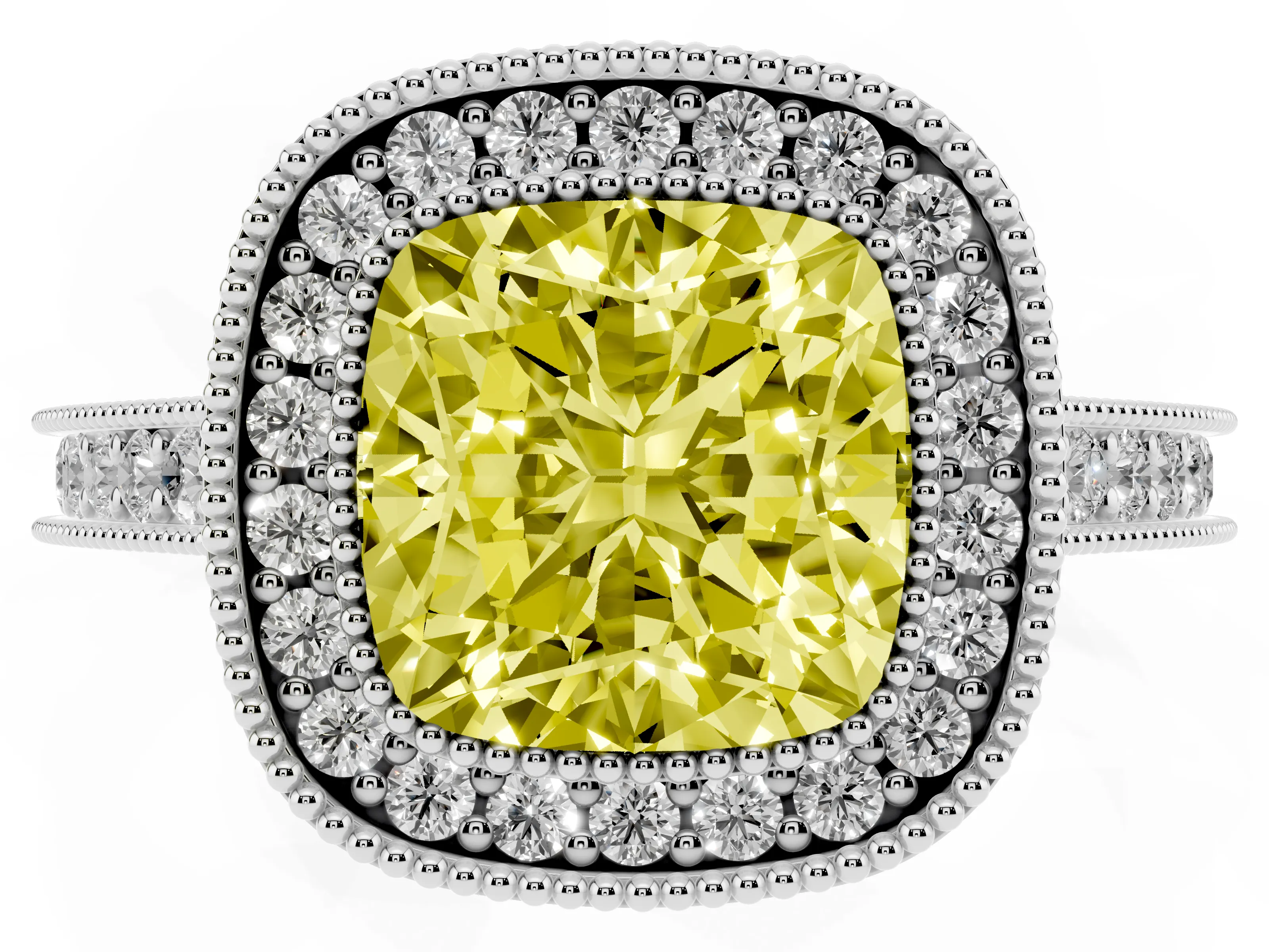 Fancy Yellow Cushion Cut Diamond Halo Milgrain Pavé Band Ring Set in Platinum with Prong Setting
