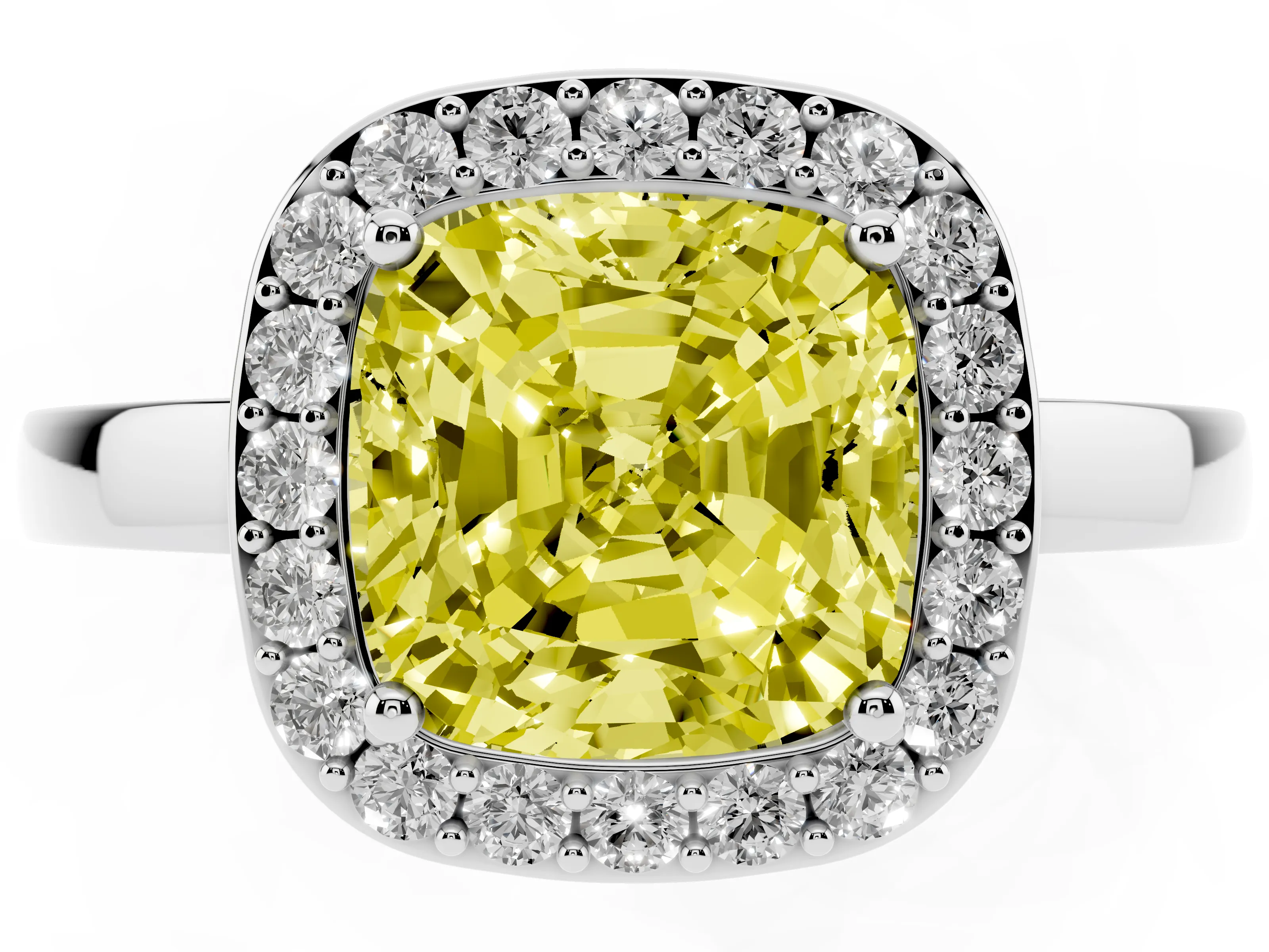 Fancy Yellow Cushion Cut Diamond Halo Ring Set in Platinum with Solitaire Band and Prong Setting