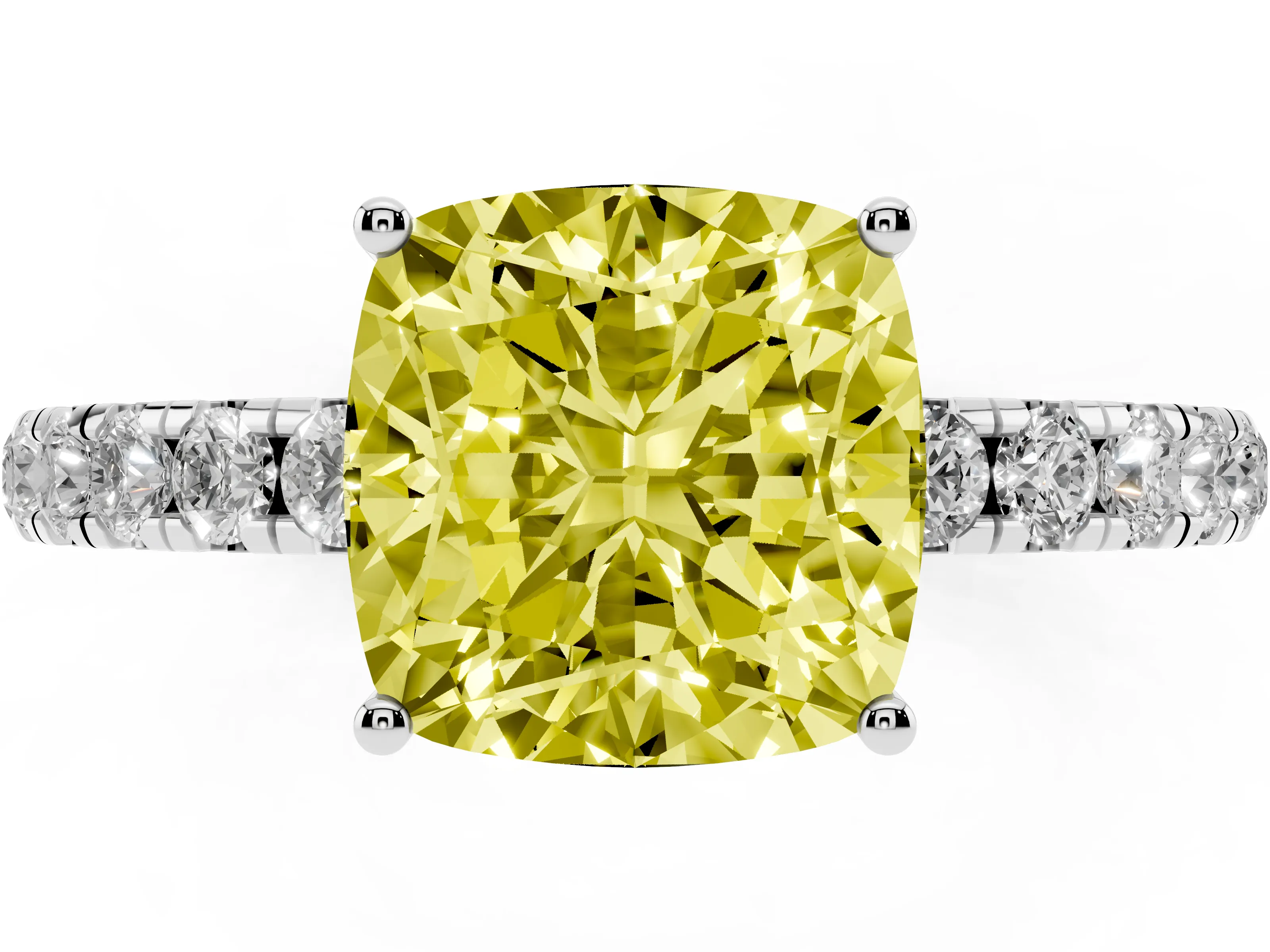 Fancy Yellow Cushion Cut Diamond Pavé Solitaire Engagement Ring Set in White gold with Prong Setting