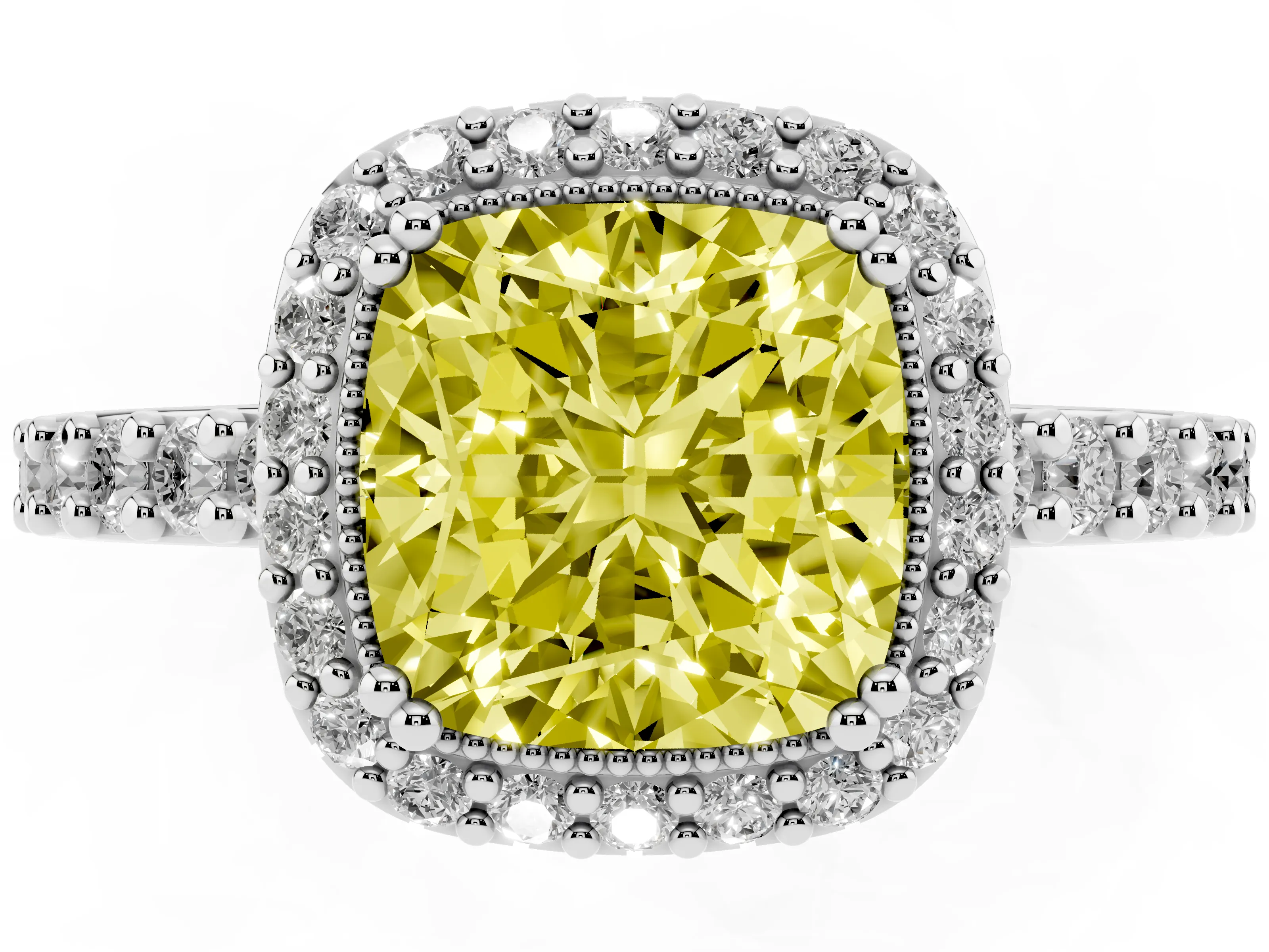 Fancy Yellow Cushion Cut Diamond Halo Engagement Ring Set in Silver with Milgrain Detail and Pavé Band