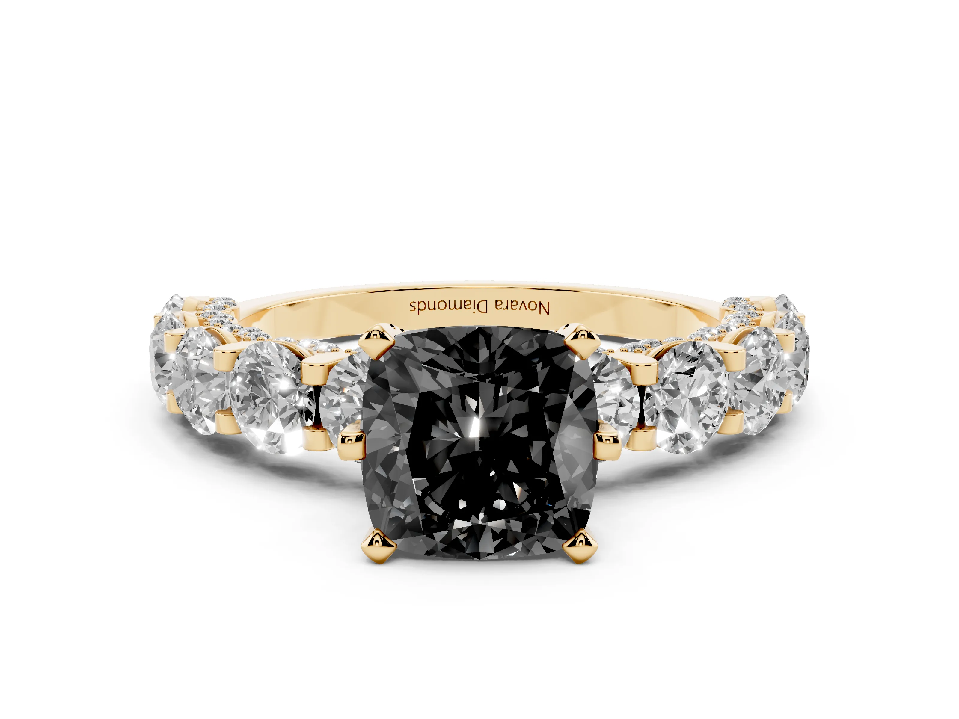 Fancy Black Cushion Cut Diamond Side Stone Ring Set in Yellow gold with Alternating Round and Oval Side Stones